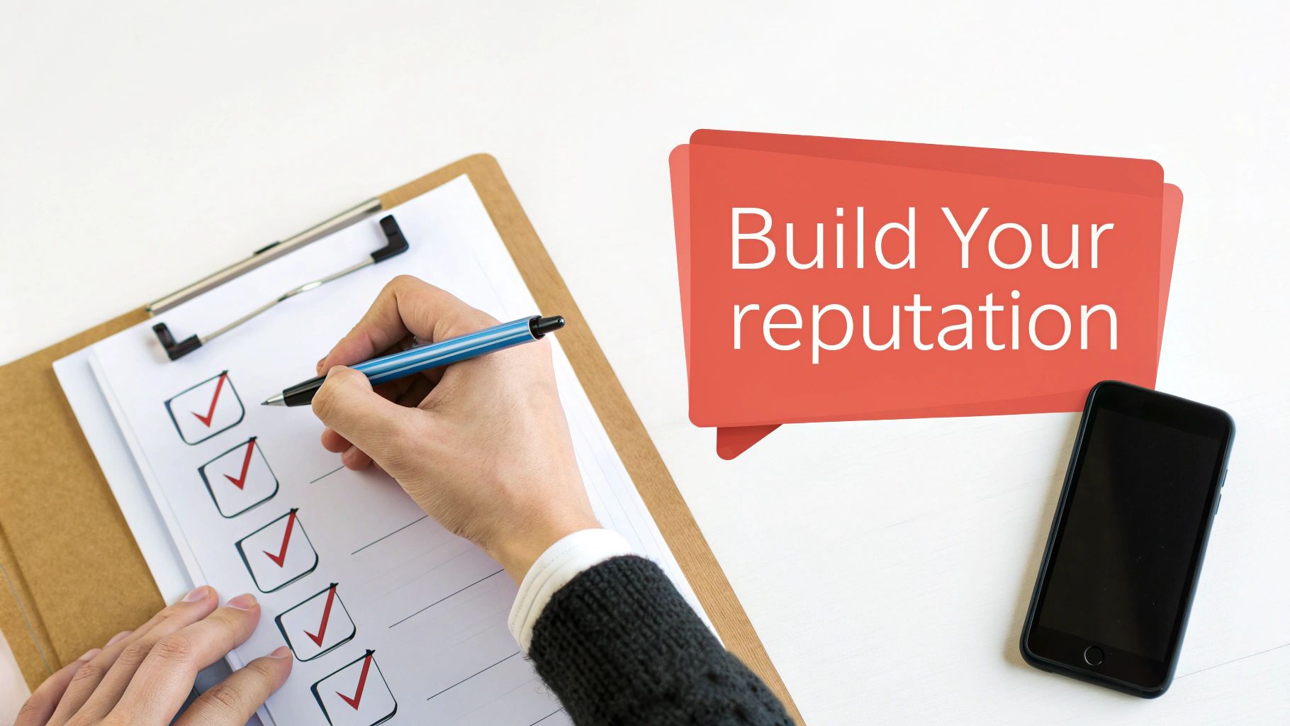 Hand marking a checklist on a clipboard with a "Build Your reputation" bubble and smartphone.