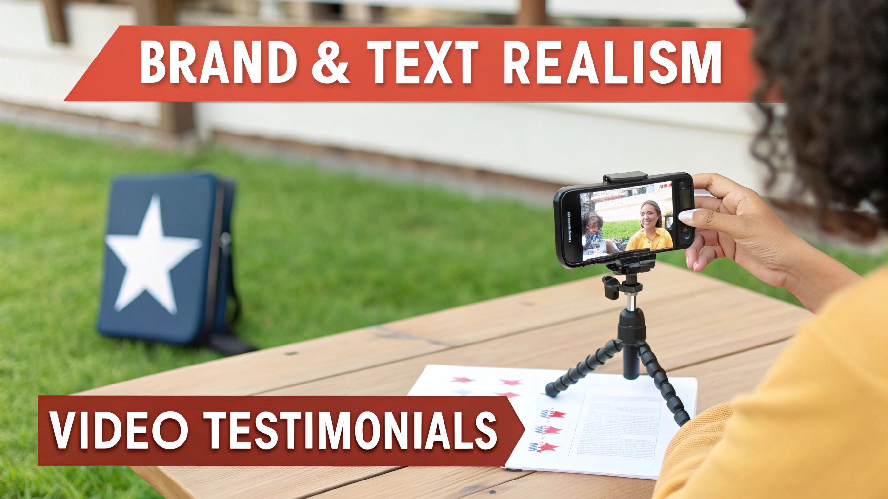 A person recording a video testimonial on a smartphone mounted on a tripod outdoors.