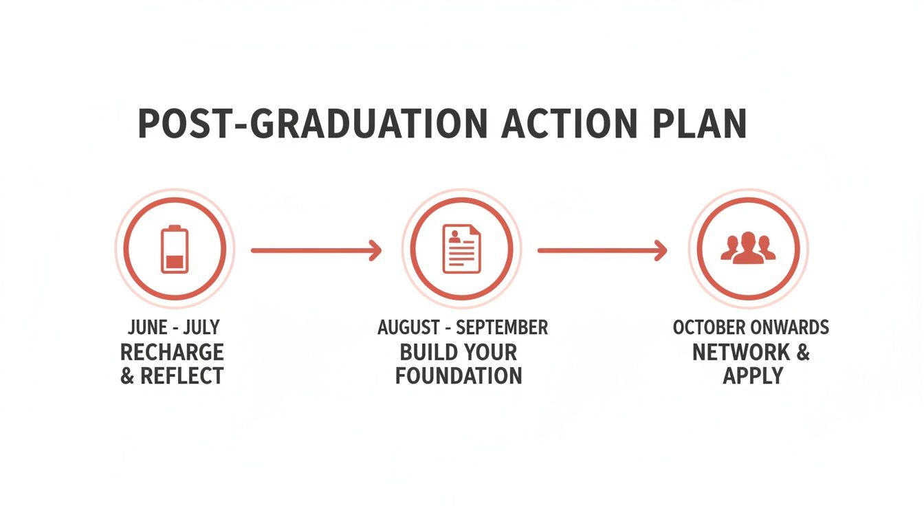 A post-graduation action plan timeline showing steps: Recharge & Reflect, Build Your Foundation, and Network & Apply.