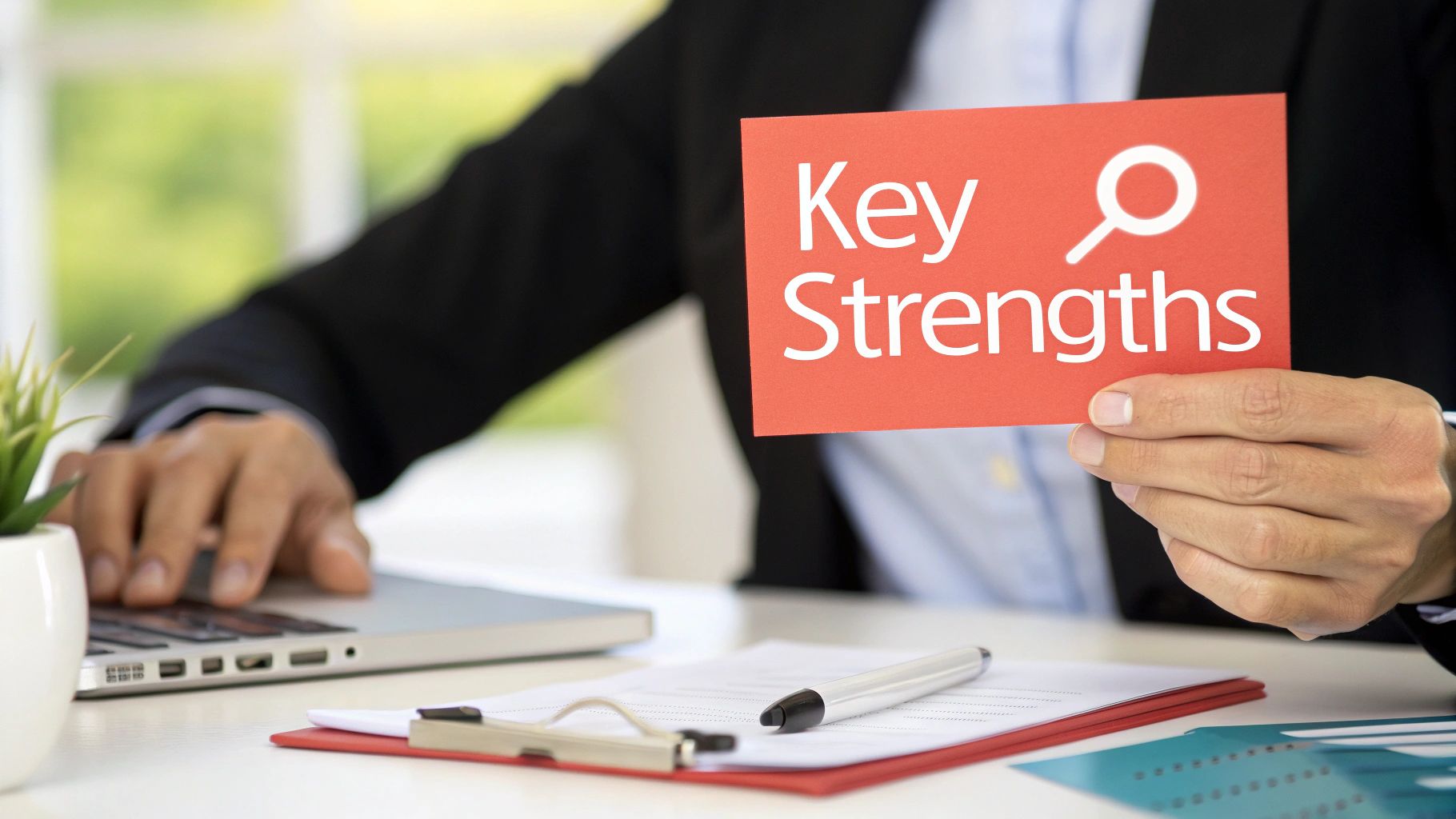 A person in a suit holds a red card displaying "Key Strengths" and a magnifying glass icon.