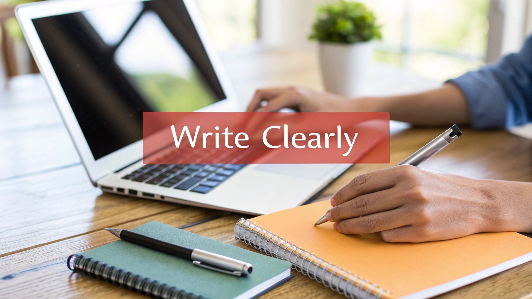 Person writing in a notebook and typing on a laptop, with text 'Write Clearly' overlay.