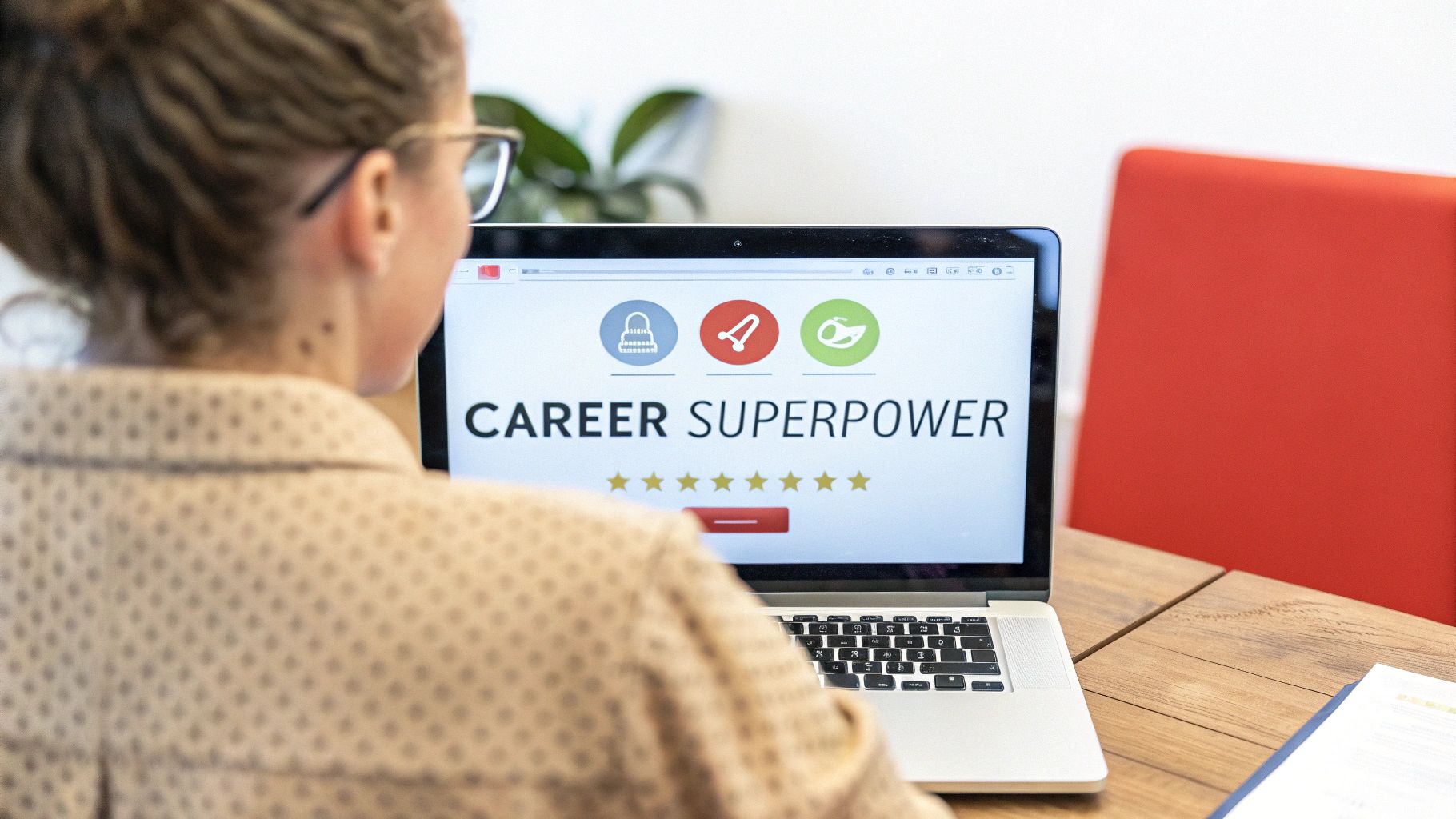 A person views a laptop screen displaying 'CAREER SUPERPOWER' with related icons and rating stars.