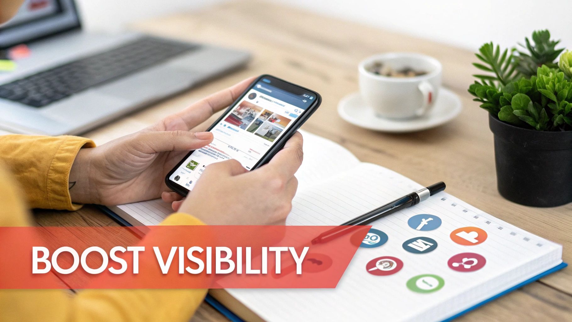 Person using smartphone to browse social media, with a laptop, coffee, and notebook for boosting online visibility.