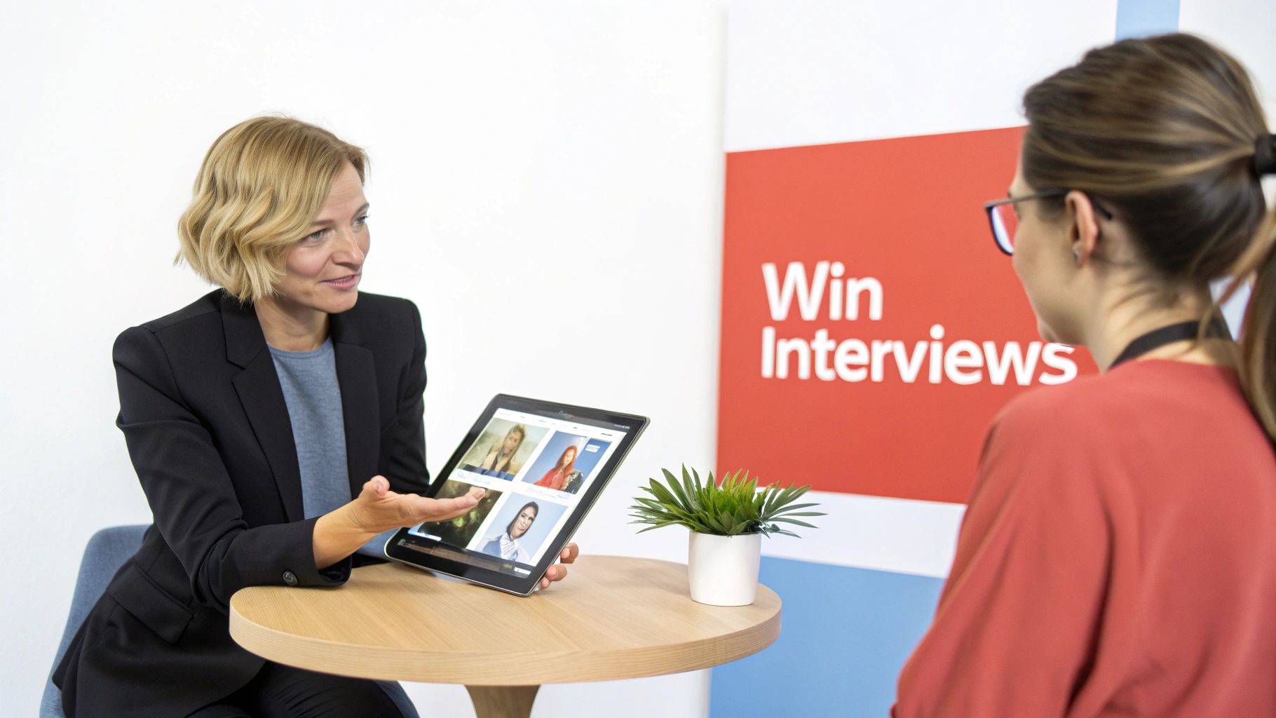 A professional woman shows digital portfolios on a tablet to another woman during a career discussion.