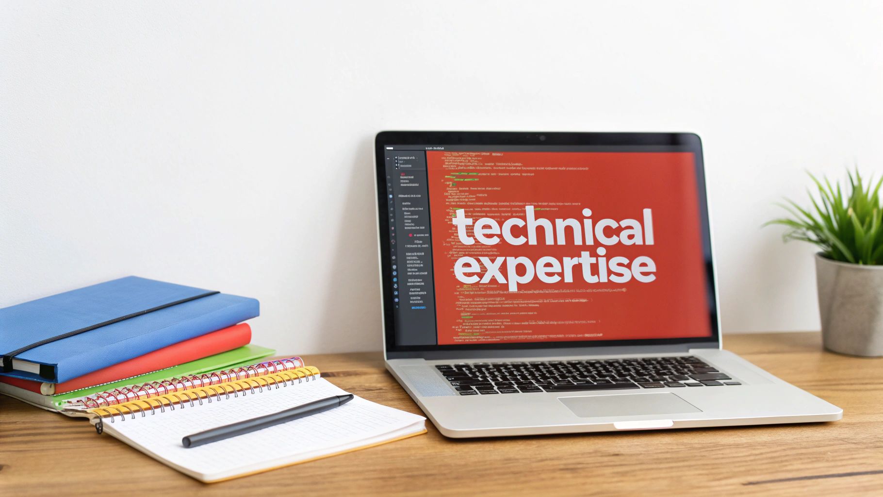 A laptop displaying 'technical expertise' on a red screen, alongside notebooks and a pen on a wooden desk.