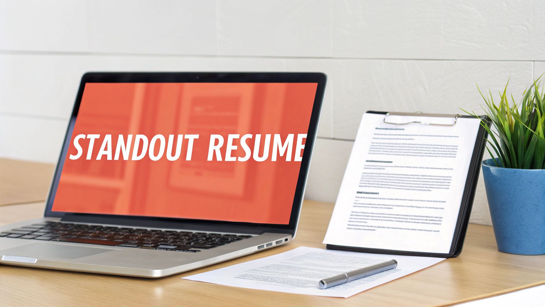 A laptop on a wooden desk displays 'STANDOUT RESUME', alongside a clipboard, pen, and plant.