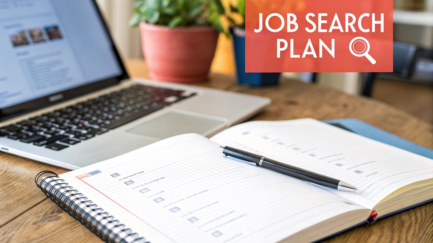 A laptop, open planner, and pen on a wooden desk with a 'Job Search Plan' overlay.