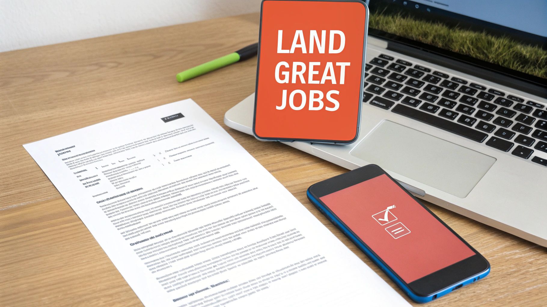 A workspace with a laptop, resume, and two smartphones, one displaying 'LAND GREAT JOBS'.