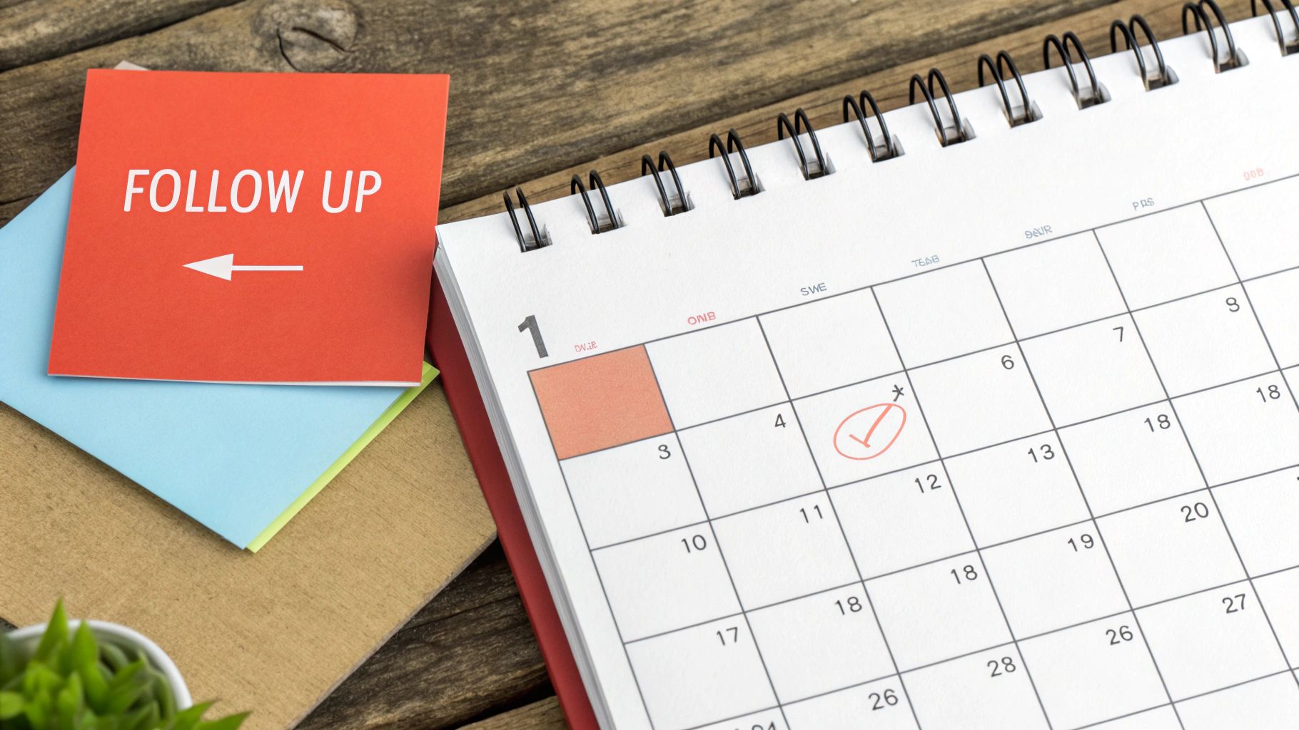A desk calendar showing a checked date, next to a red sticky note with 'FOLLOW UP' written on it.