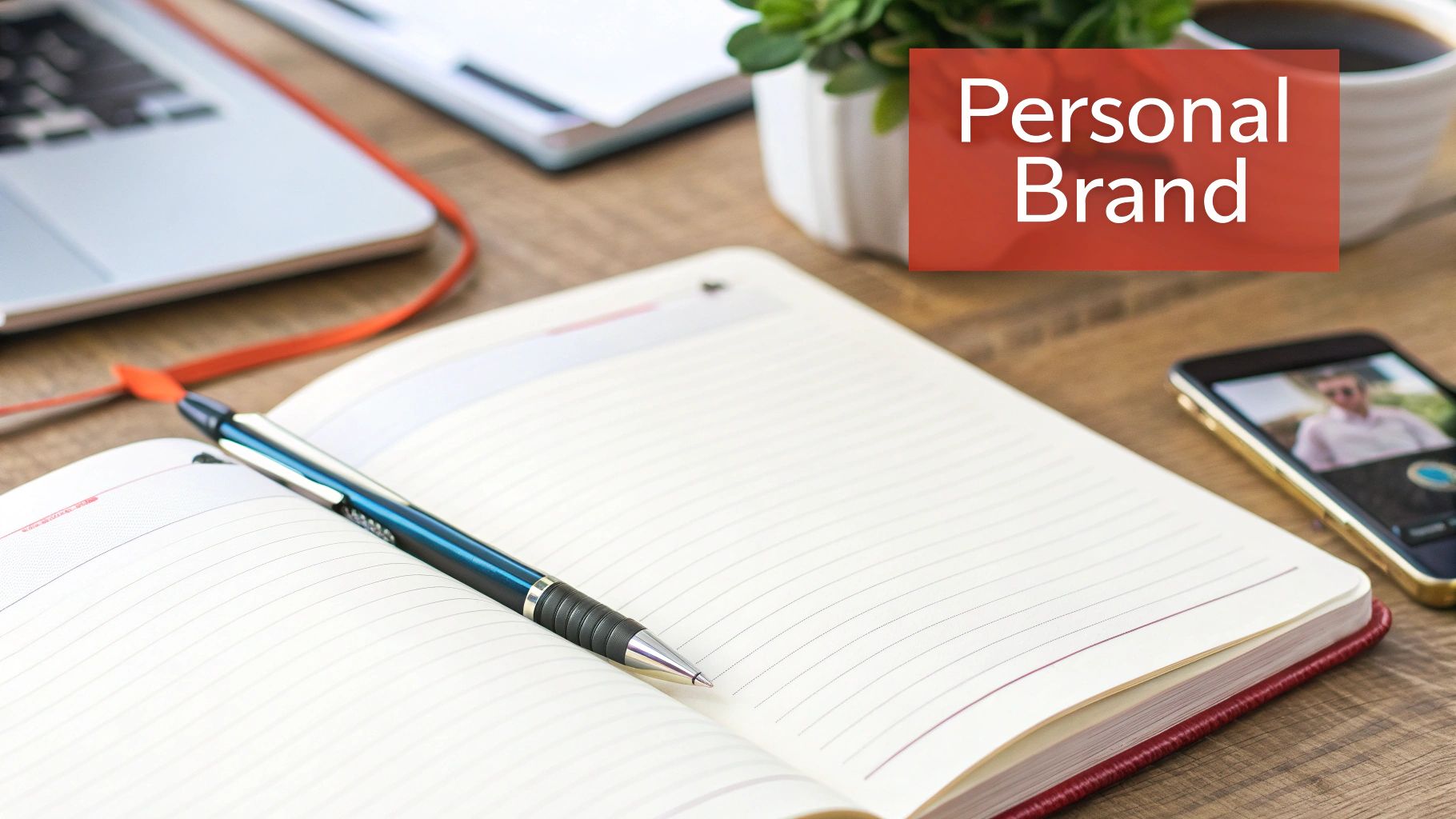 A personal brand concept on a wooden desk with a notebook, pen, laptop, coffee, and smartphone.