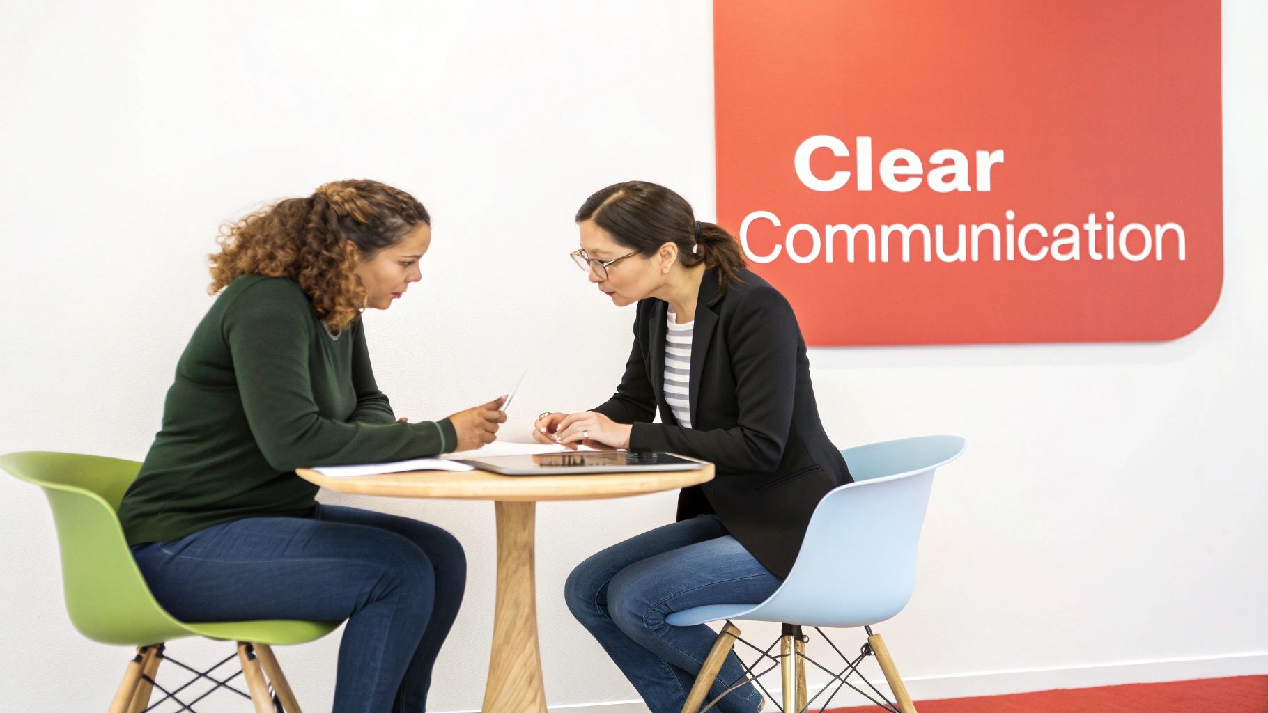 Two women sit at a table, discussing documents in a modern office with 'Clear Communication' sign.