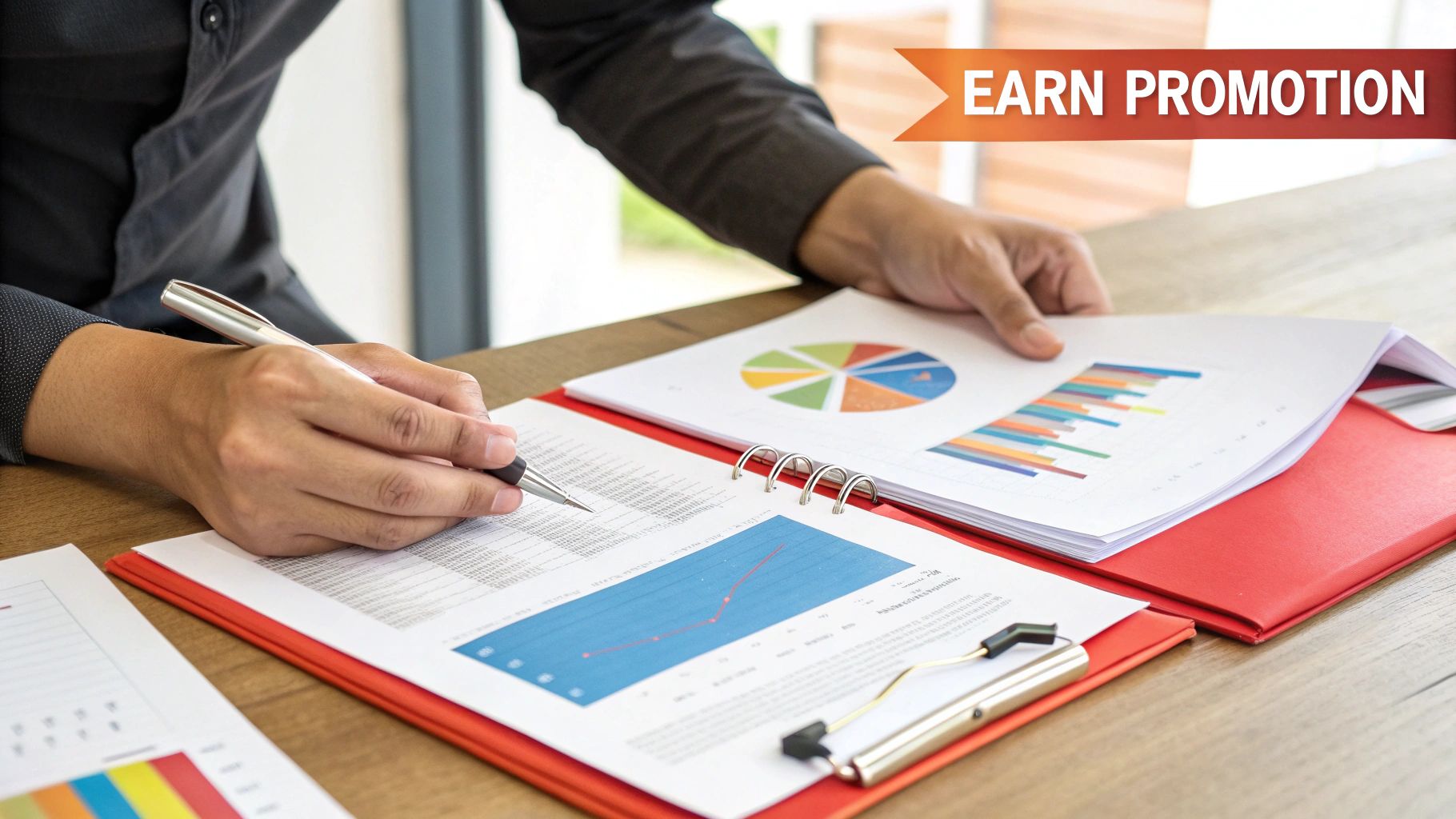 Close-up of a person's hands reviewing business reports and charts on a wooden desk, with a promotion goal.