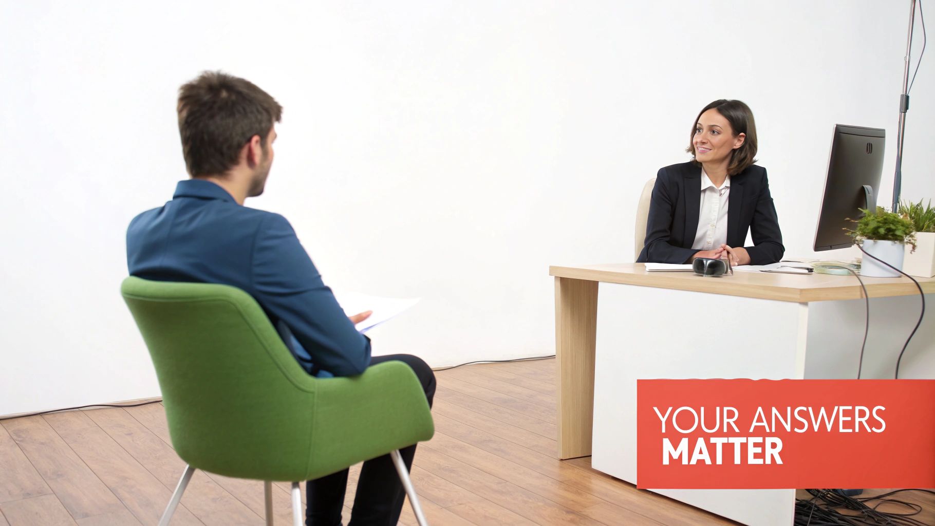 A smiling woman interviews a man across a desk in a bright room with text 'YOUR ANSWERS MATTER'.