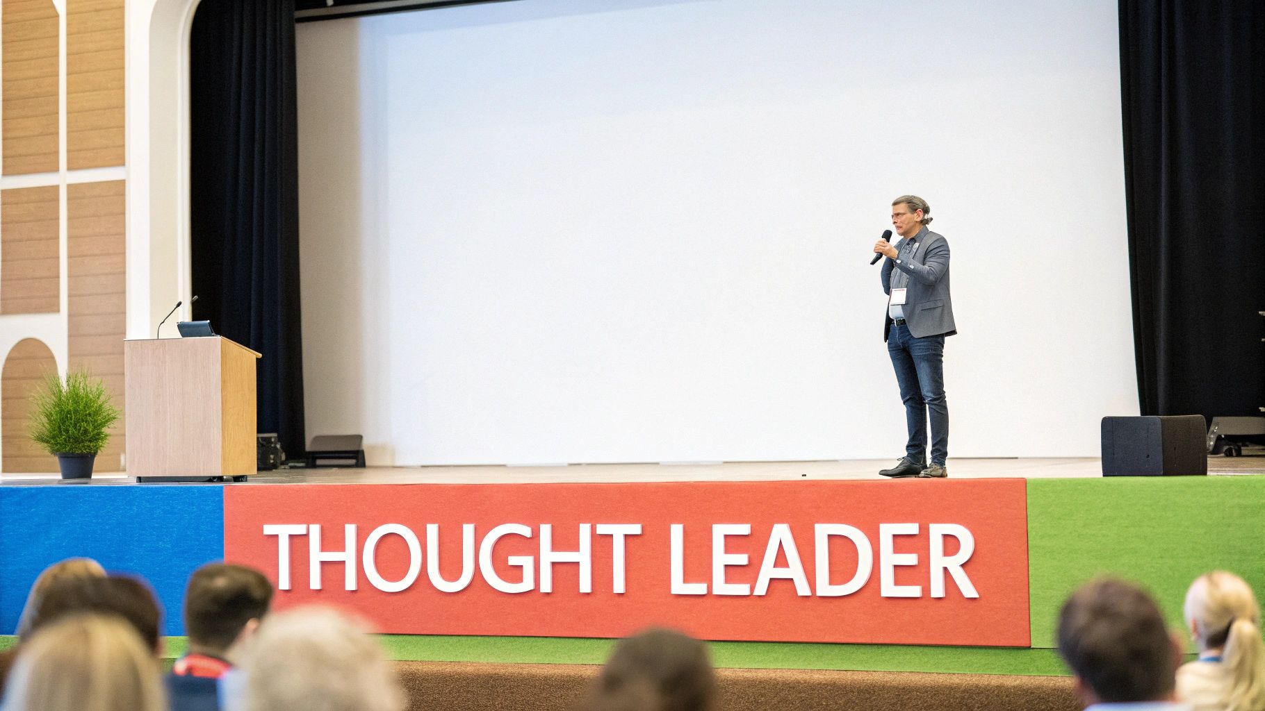 A man in a blazer speaks into a microphone on a stage, with a "THOUGHT LEADER" banner below.