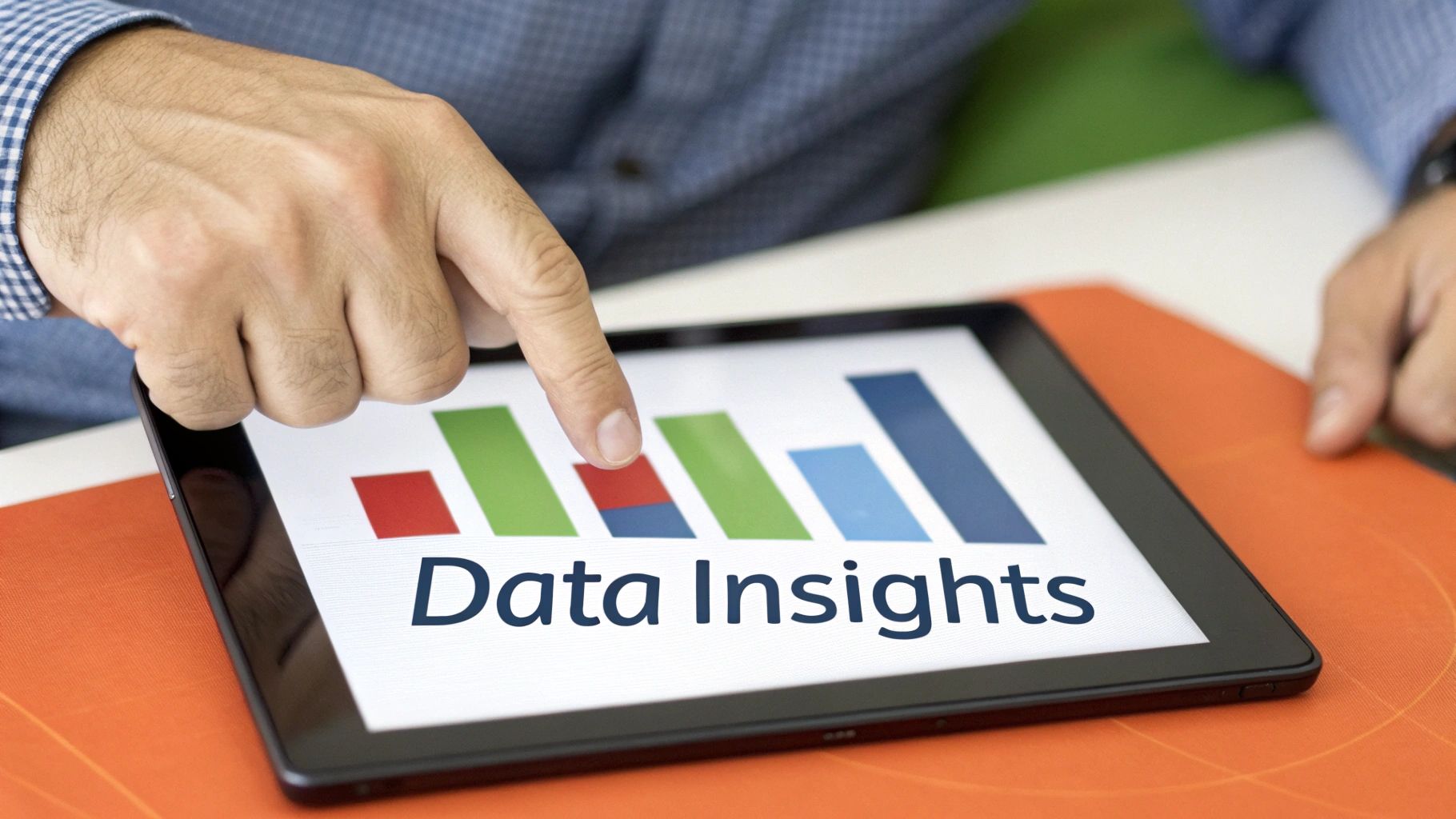 A hand points at a tablet displaying a 'Data Insights' title and colorful bar graphs.