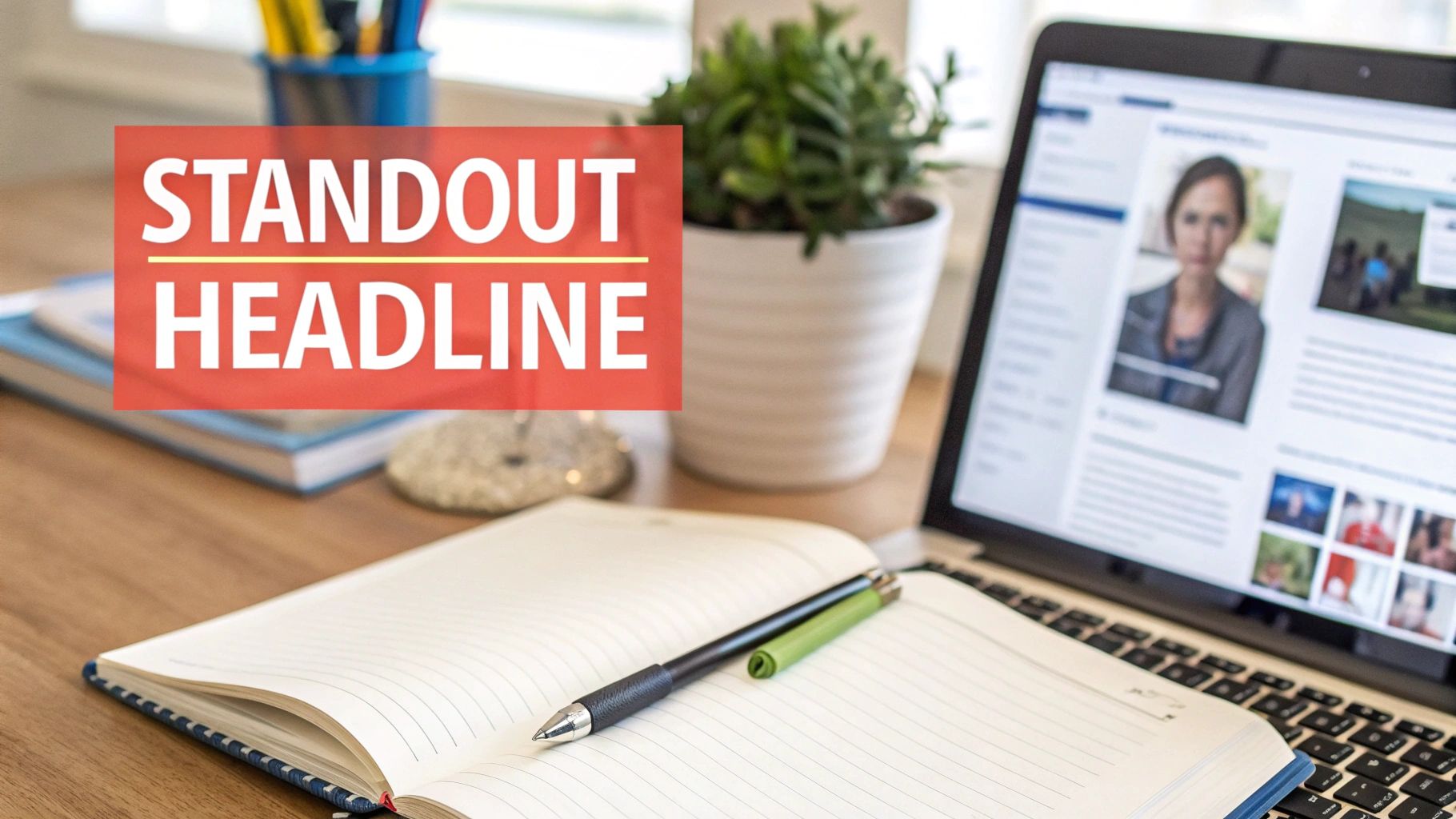 A desk with an open laptop displaying a profile, an open notebook, pen, and a plant, with 'STANDOUT HEADLINE' text overlay.