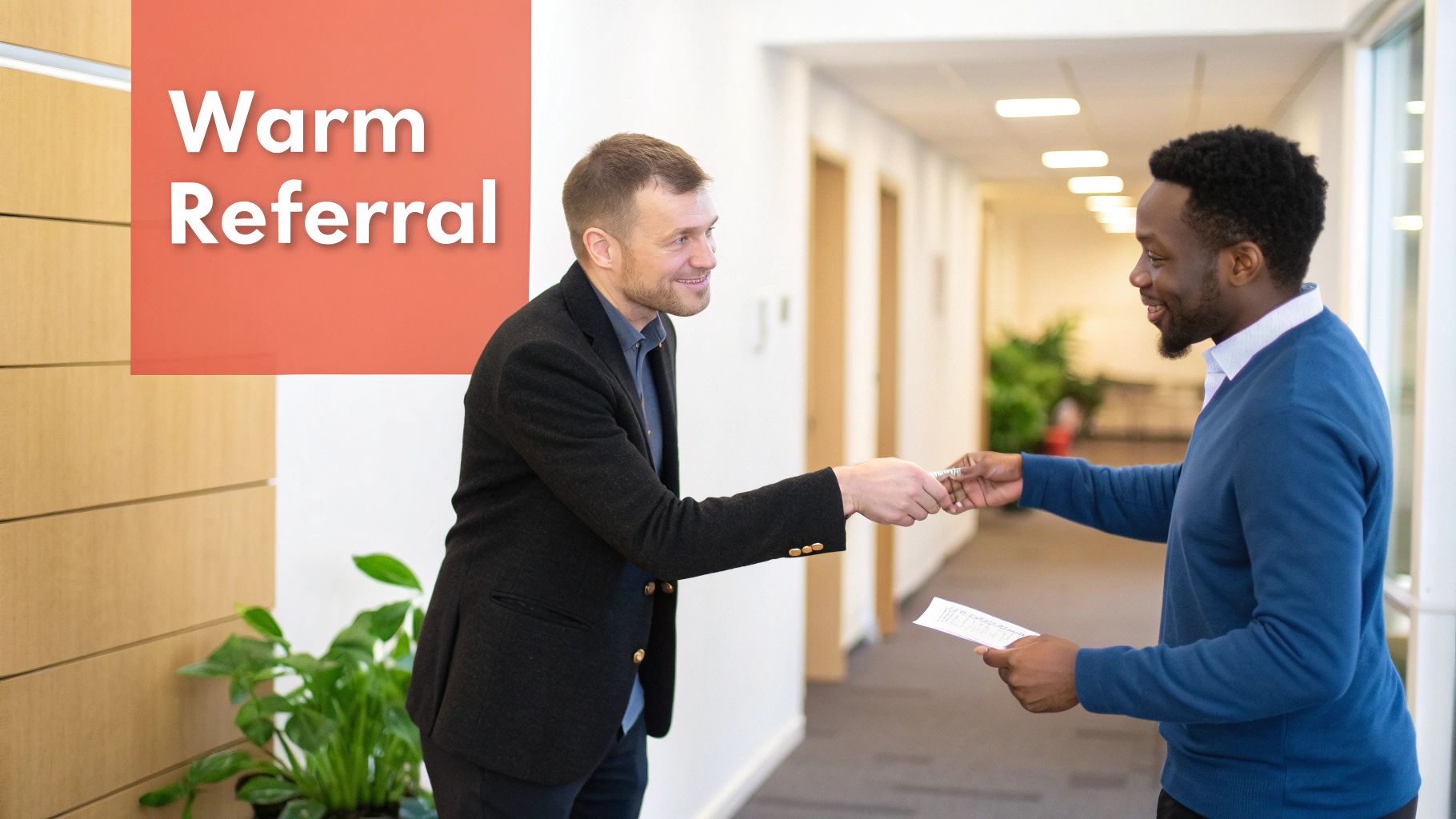 Two smiling businessmen exchange cards in an office hallway, representing a warm referral.