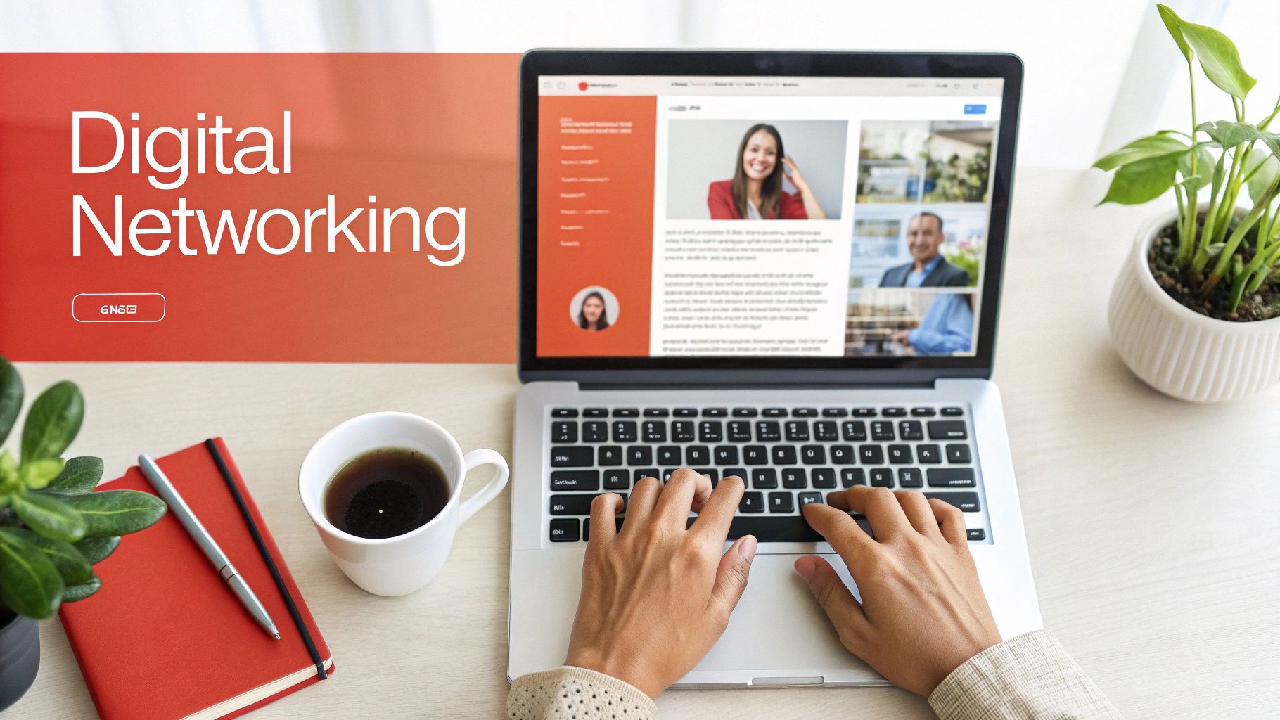 Person typing on a laptop displaying a digital networking website, with coffee, notebook, and plant on a desk.
