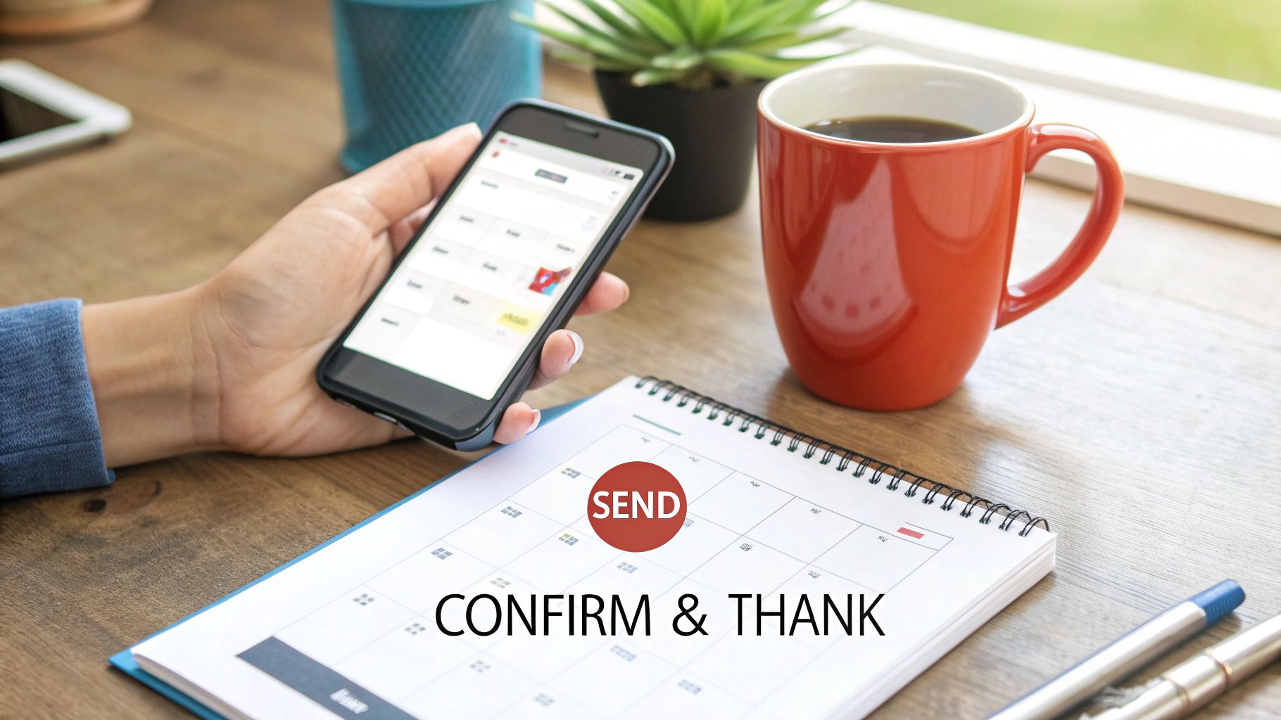 A person's hand holds a smartphone next to a calendar with 'SEND' and a coffee mug.