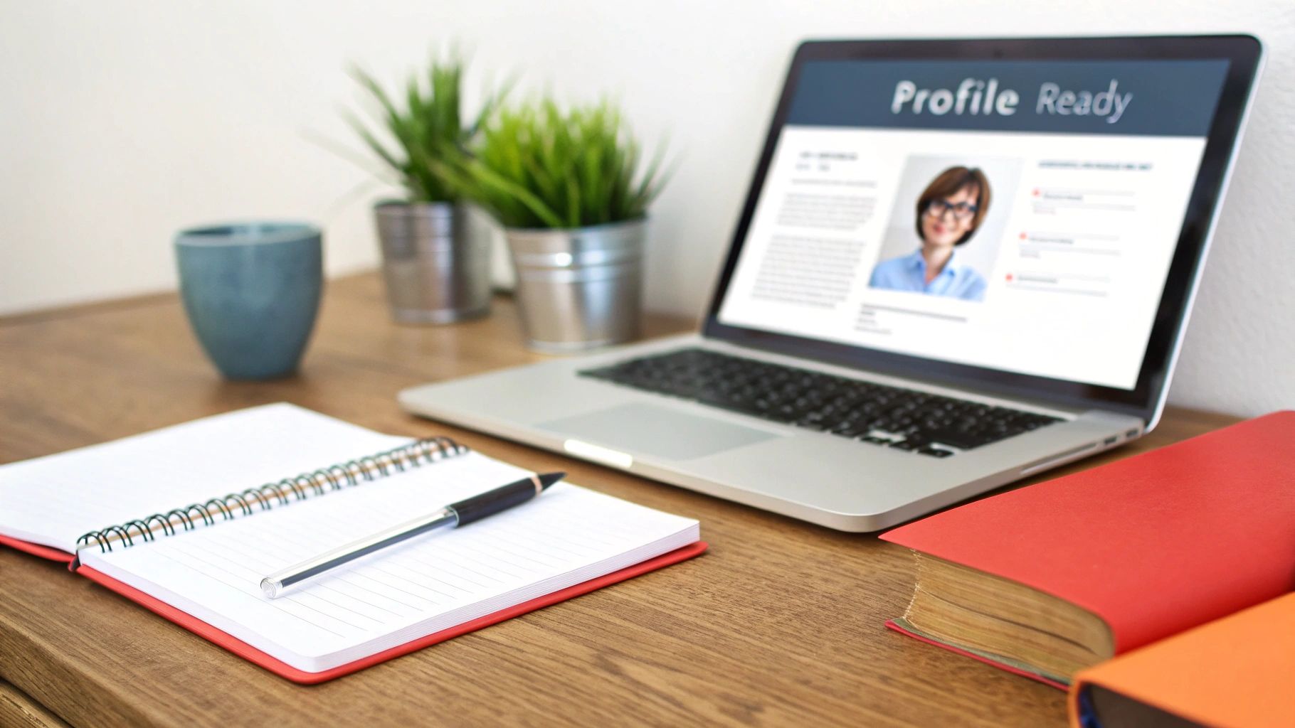 A laptop displaying a professional profile, with a notebook, pen, and books on a wooden desk.