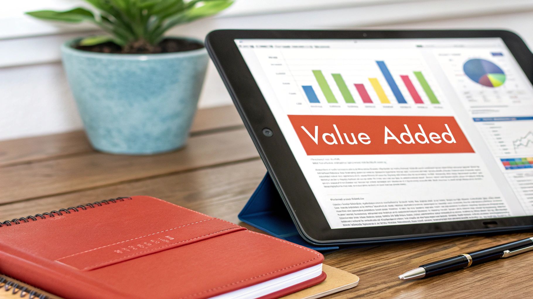 A tablet displaying business charts and 'Value Added' text, next to a notebook and pen on a wooden desk.