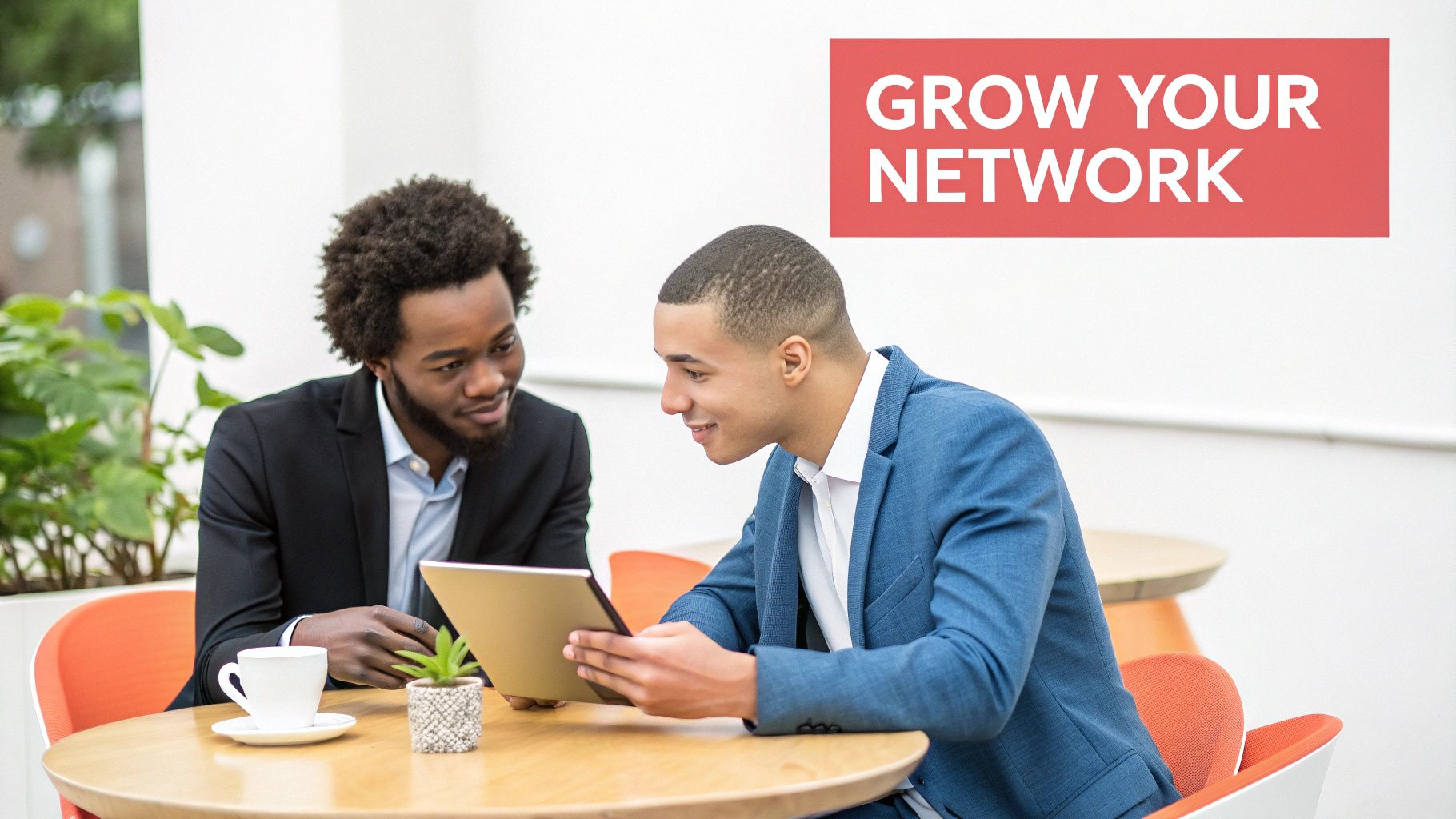Two young men in business attire smiling and looking at a tablet, with 'GROW YOUR NETWORK' text.