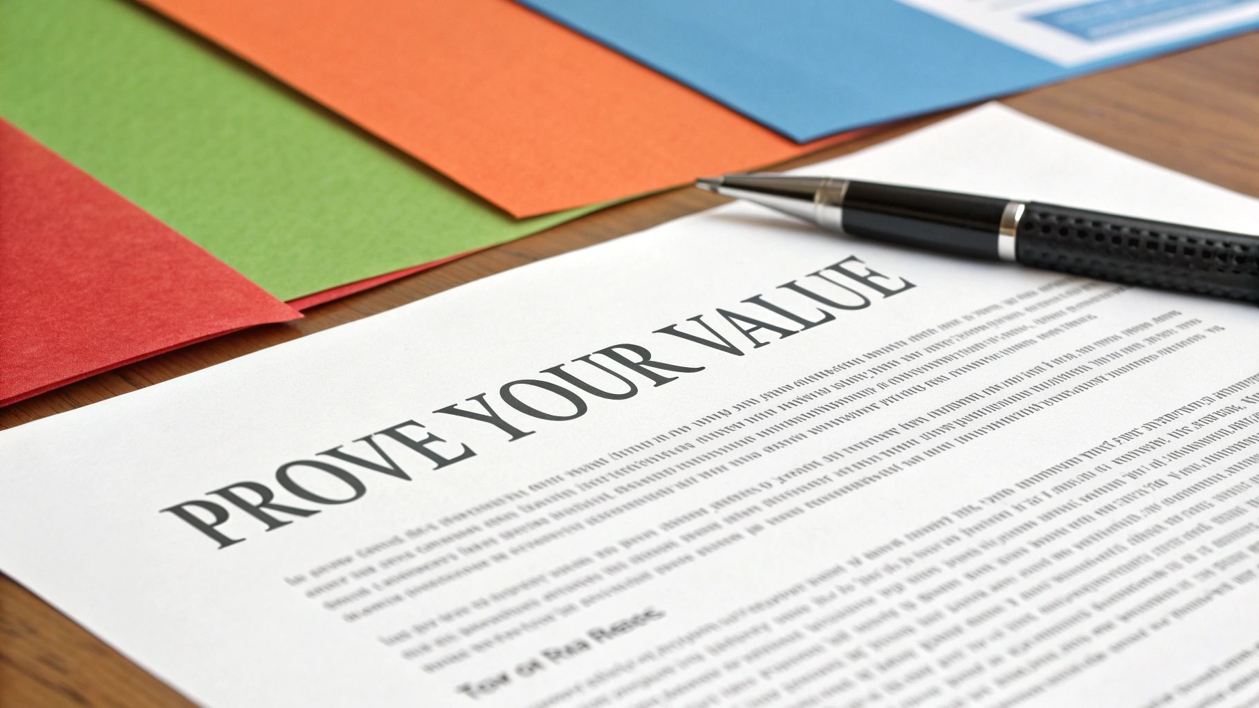 A close-up of a document titled 'PROVE YOUR VALUE' with a pen and colorful papers.