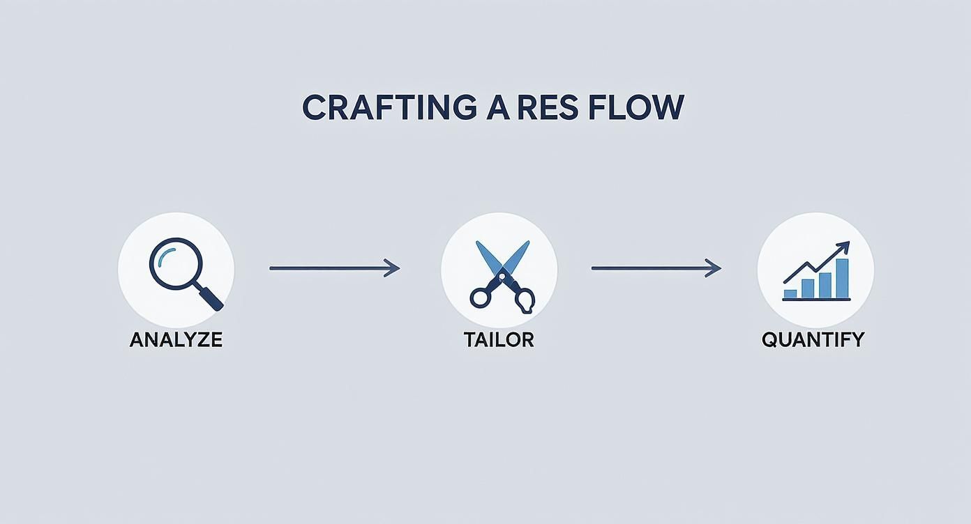 A process flow diagram illustrating three steps to craft a resume: Analyze, Tailor, and Quantify.