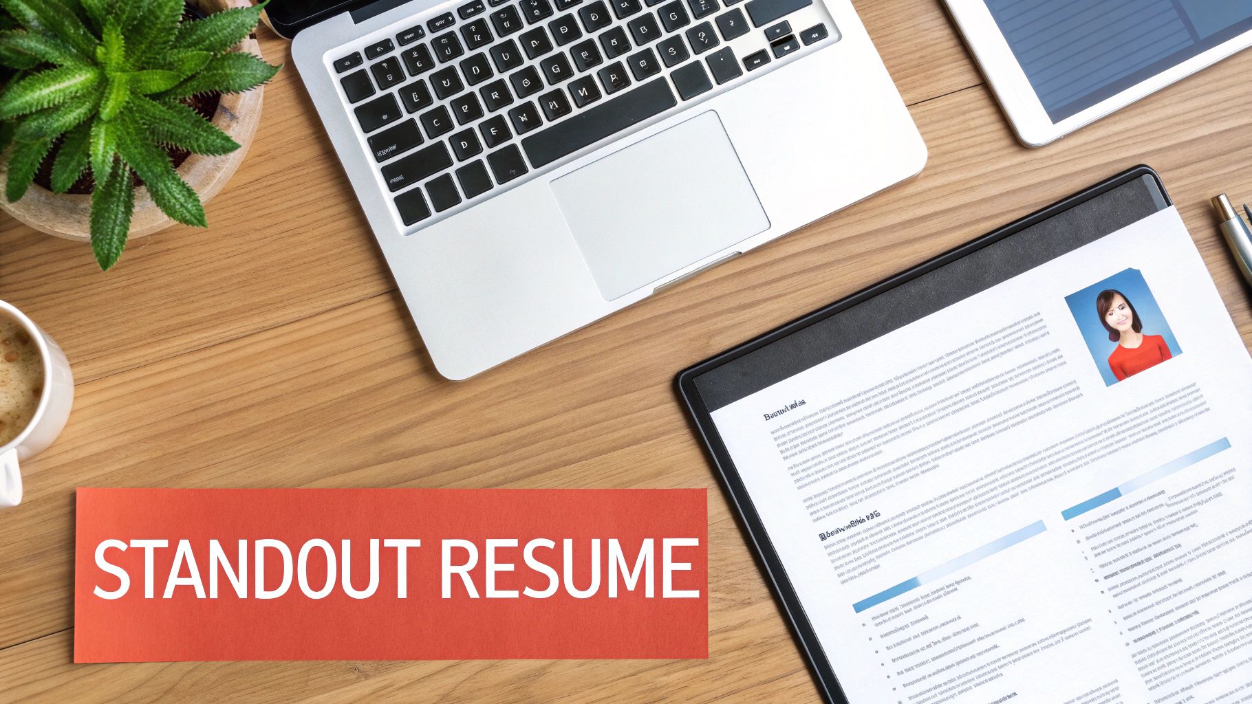 Overhead shot of a wooden desk with a laptop, coffee, plant, and a resume labeled 'STANDOUT RESUME'.