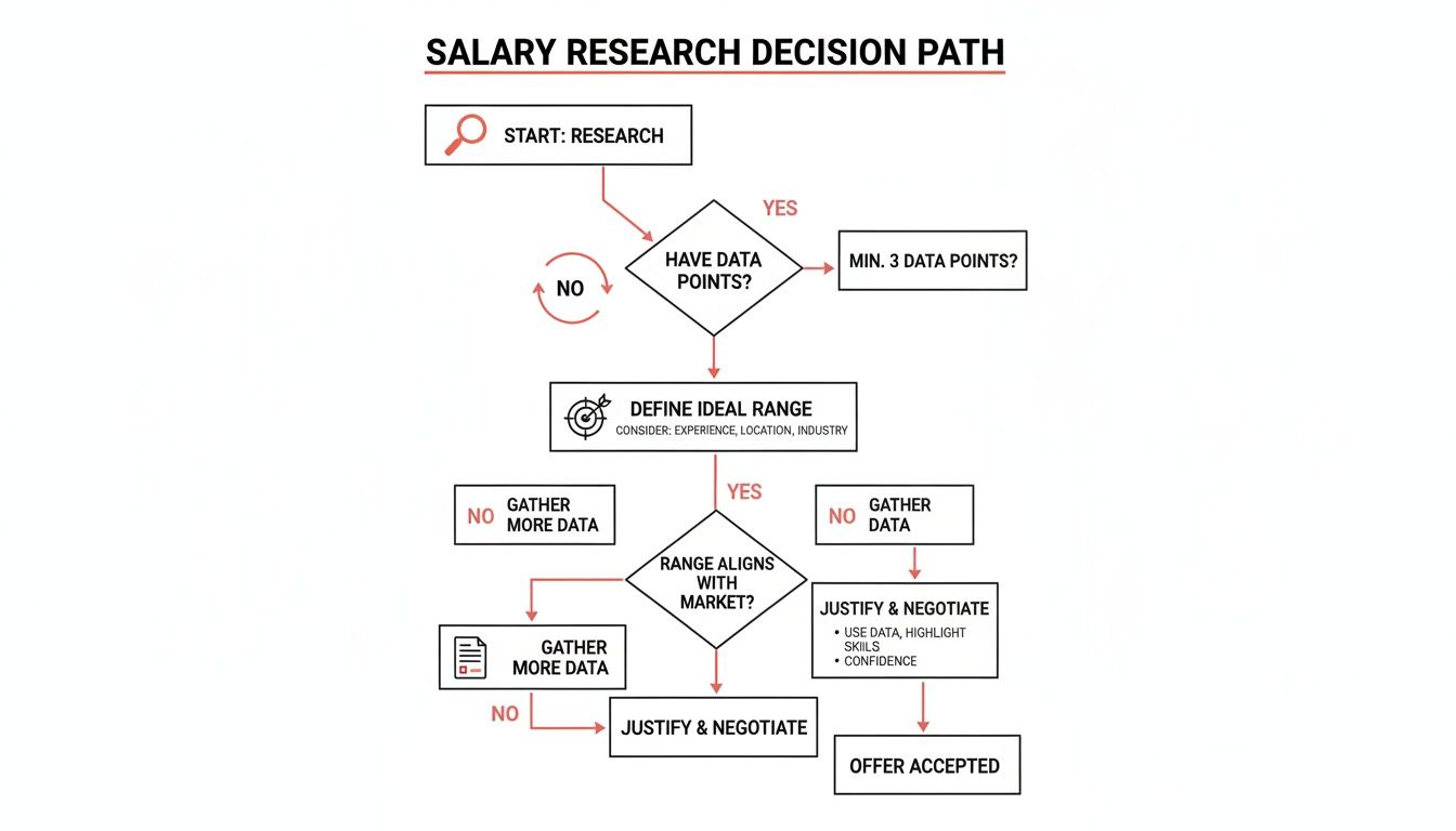 A flowchart illustrating the salary research and negotiation decision path, from initial research to offer acceptance.