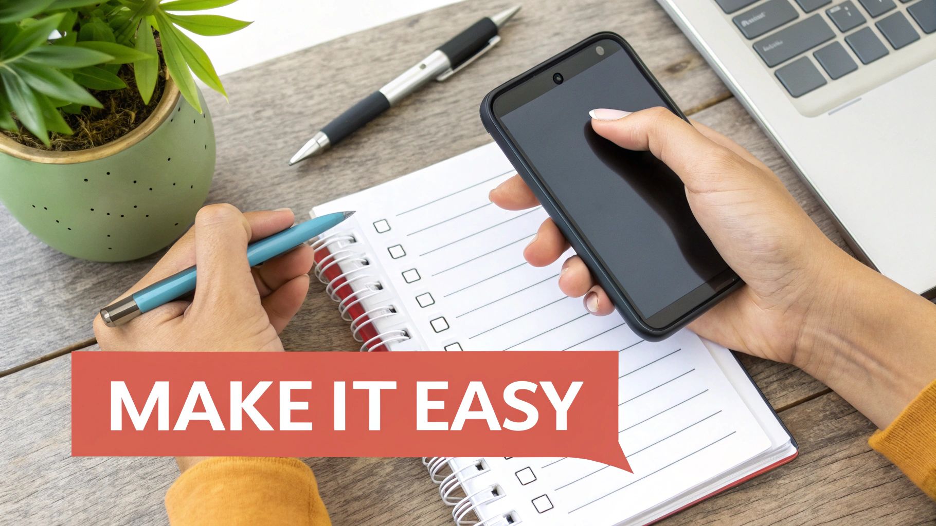 Hands with pen checking a checklist on a notebook, holding a smartphone, symbolizing easy task management.