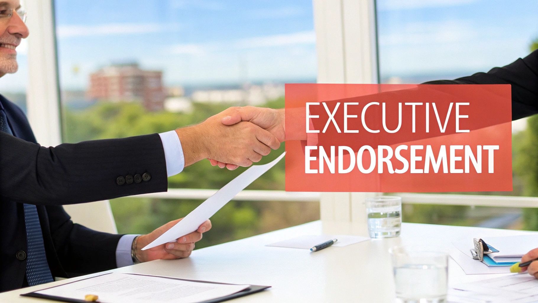 Two business executives shaking hands over a desk, signifying an executive endorsement.