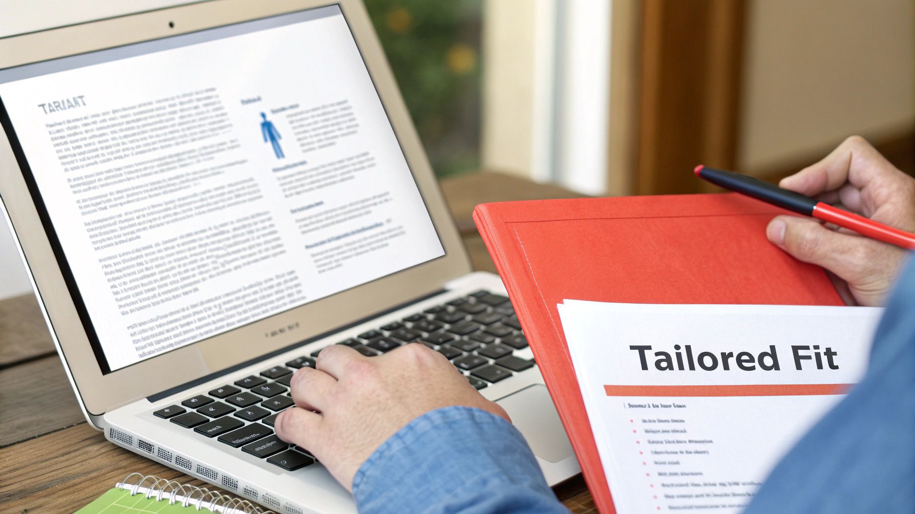 A person types on a laptop while reviewing a 'Tailored Fit' document and a red folder.