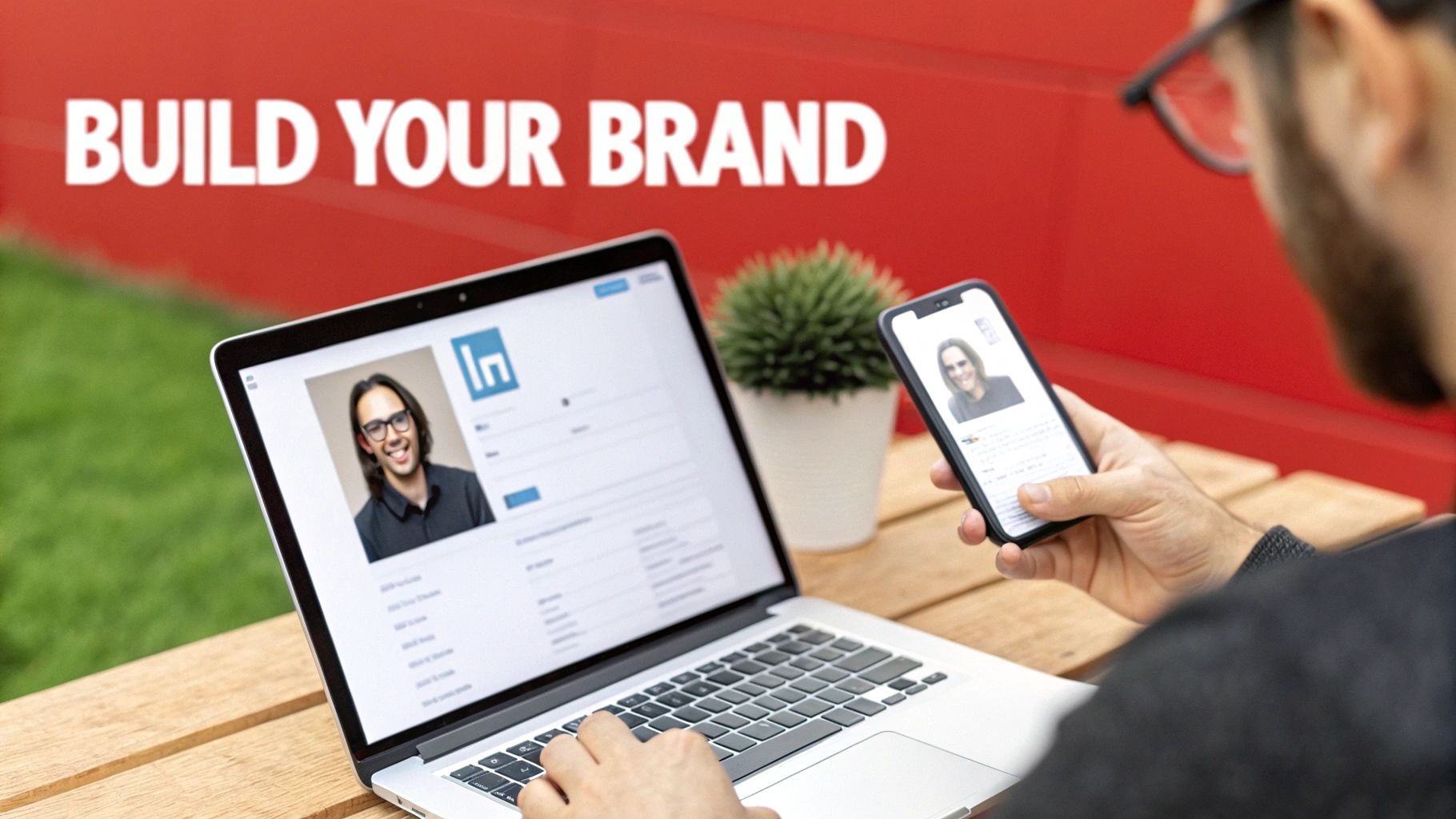 A man builds his professional brand on LinkedIn, using a laptop and phone, with 'BUILD YOUR BRAND' text prominently displayed.
