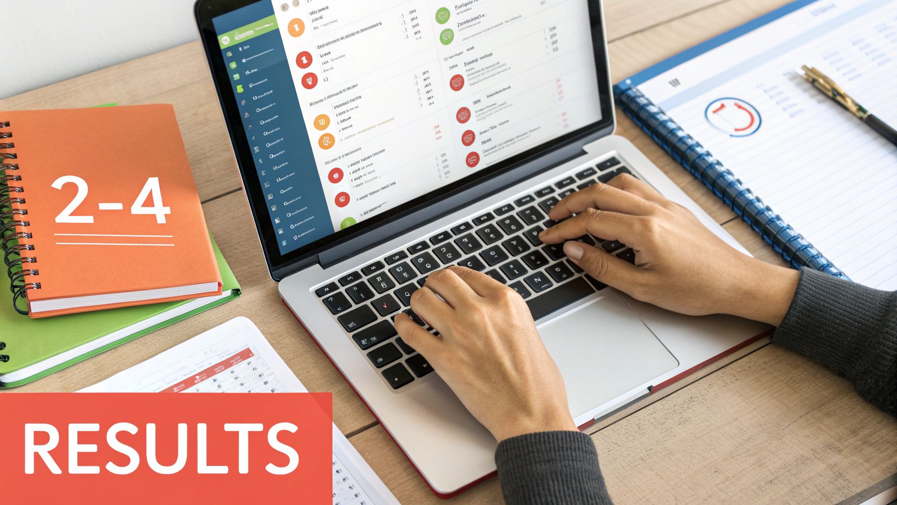 Person's hands typing on a laptop displaying data, with notebooks and a pen on a wooden desk.