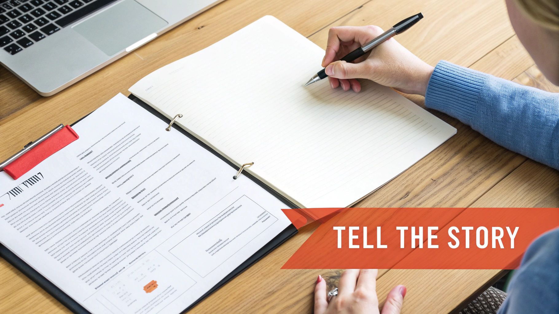 A person writes in a lined notebook on a wooden desk with documents, a laptop, and a 'TELL THE STORY' banner.
