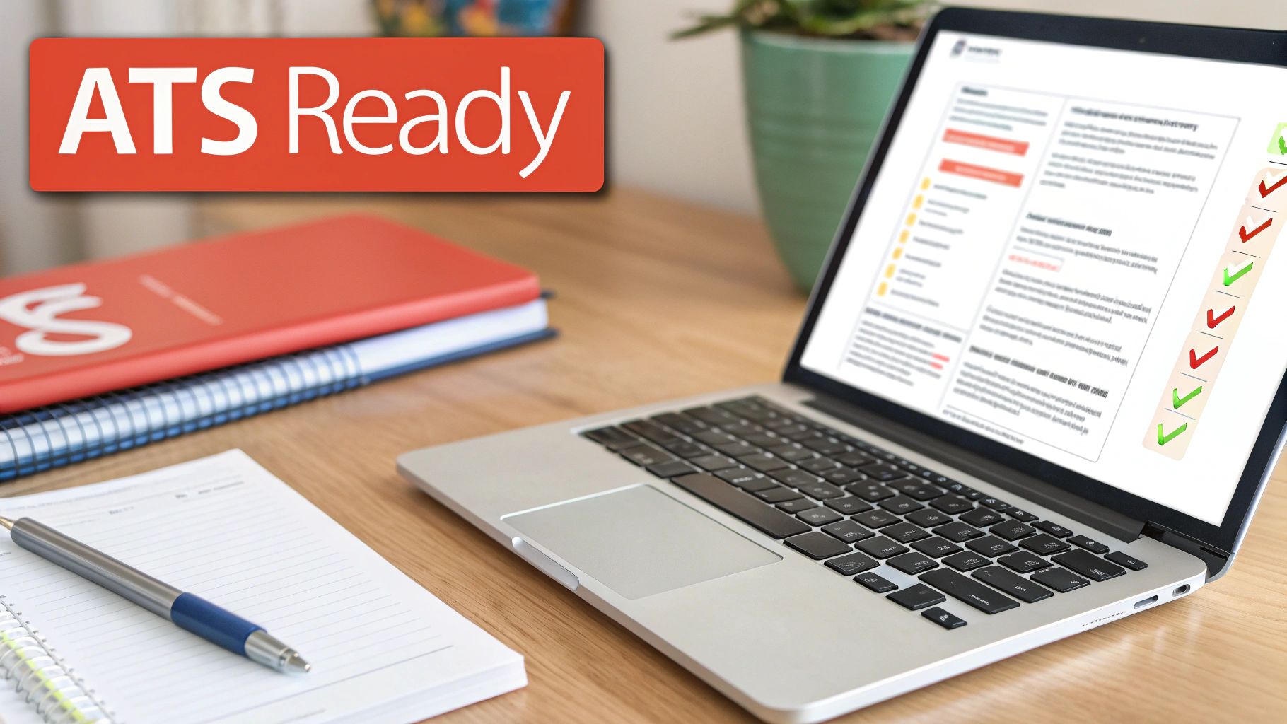 A laptop displaying an 'ATS Ready' checklist, notebooks, and a pen on a wooden desk.