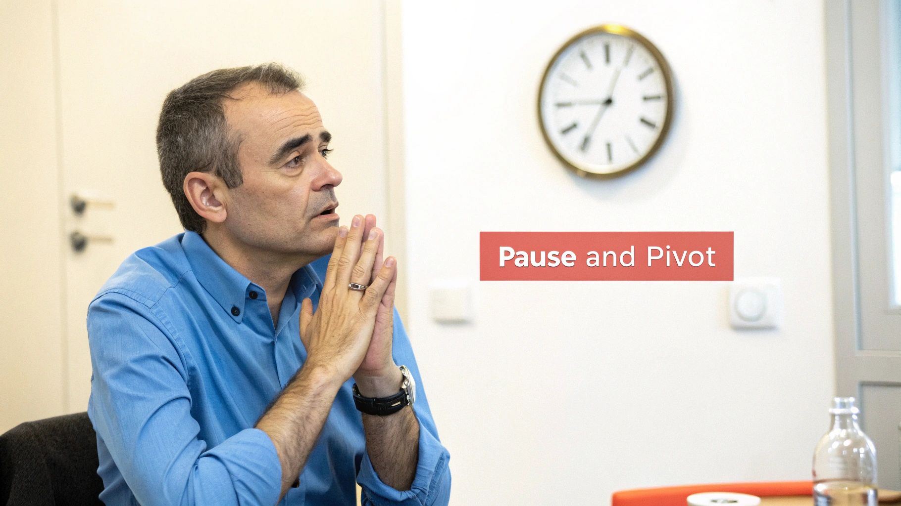 Thoughtful man in a blue shirt with clasped hands, reflecting on a strategy, 'Pause and Pivot' text on wall.
