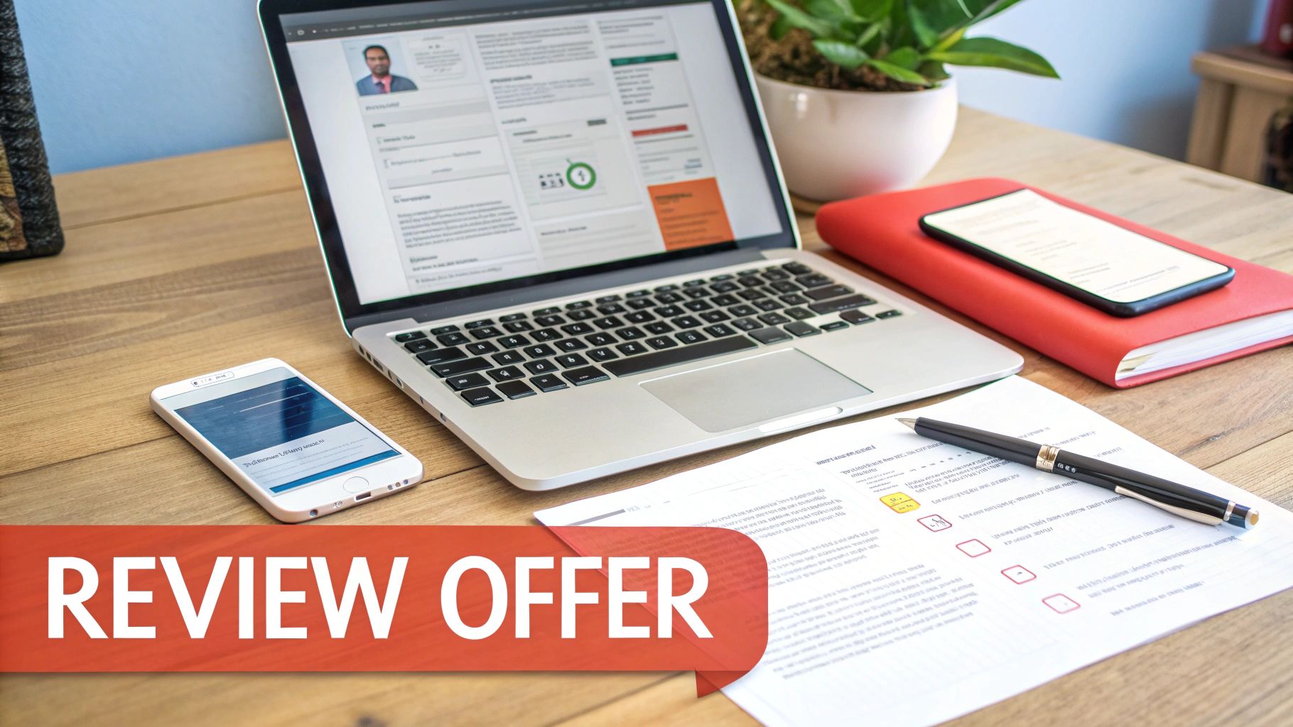 Laptop displaying a resume, smartphone, document, and a red notebook on a wooden desk with a 'Review Offer' banner.