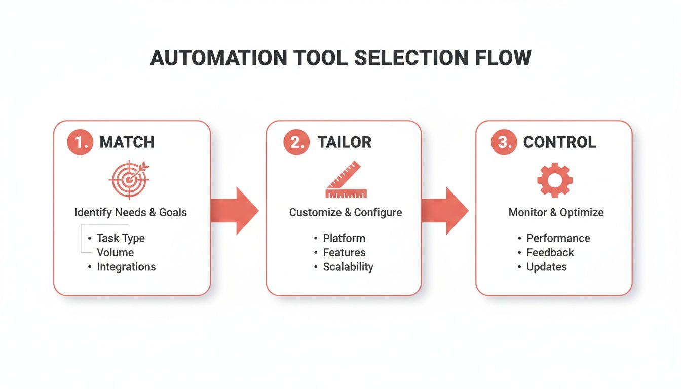 An 'Automation Tool Selection Flow' diagram illustrating three steps: Match, Tailor, and Control, with key considerations.