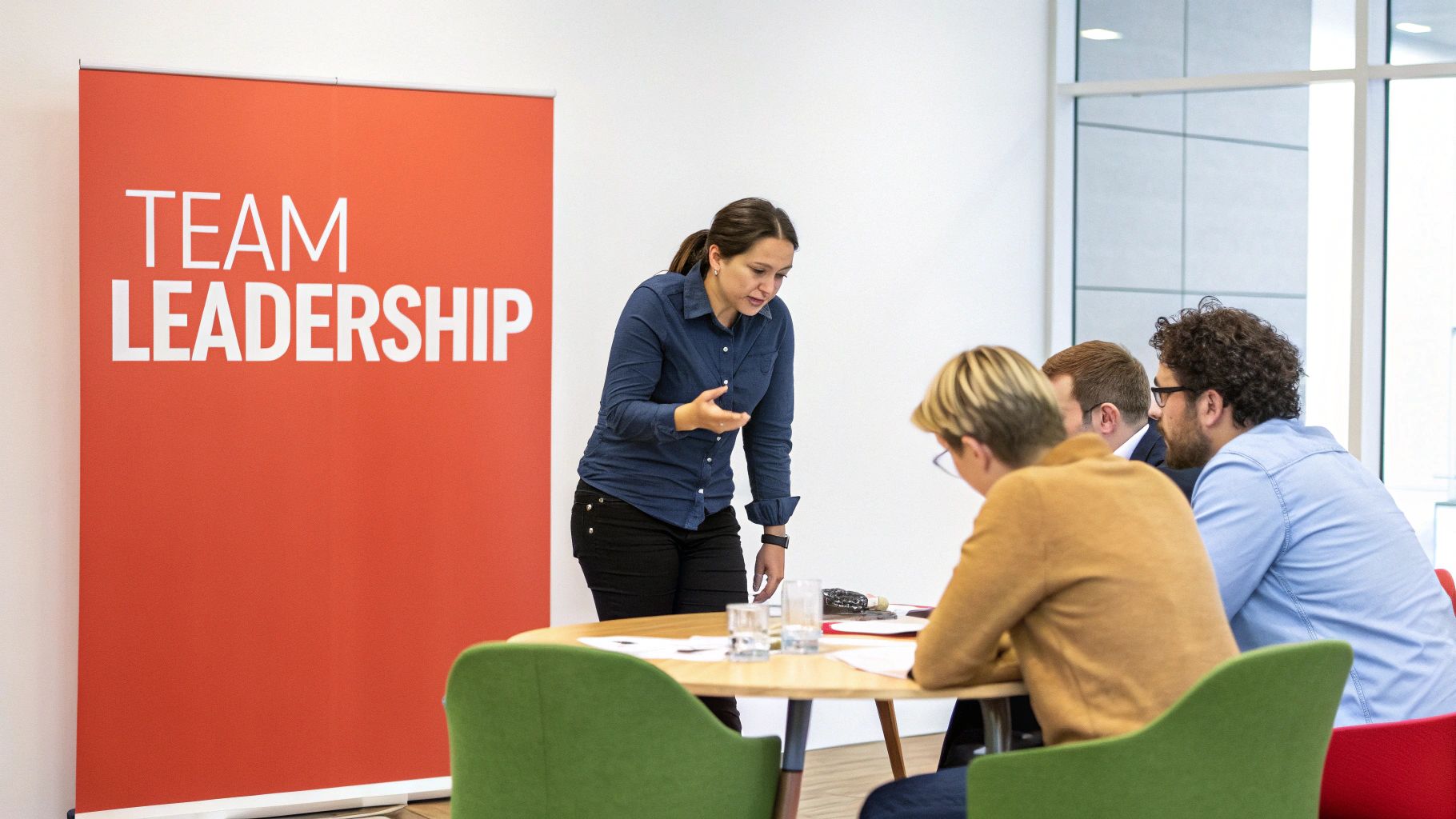 A woman presenting "Team Leadership" to a diverse group of professionals in a modern office setting.
