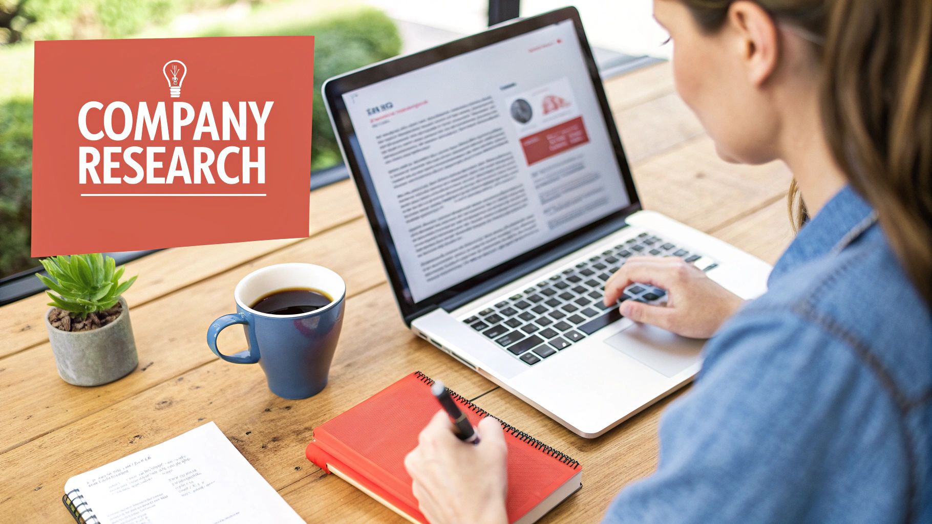 A person works on a laptop and writes in a notebook with a 'COMPANY RESEARCH' sign.