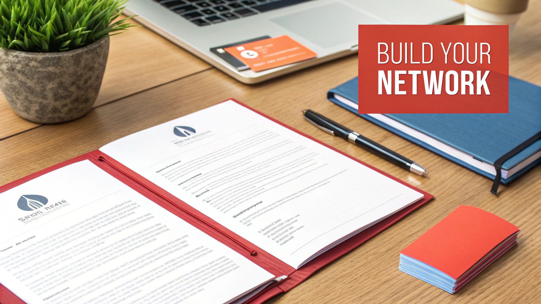A professional desk flat lay with a laptop, plant, documents, and business cards, promoting to 'BUILD YOUR NETWORK'.