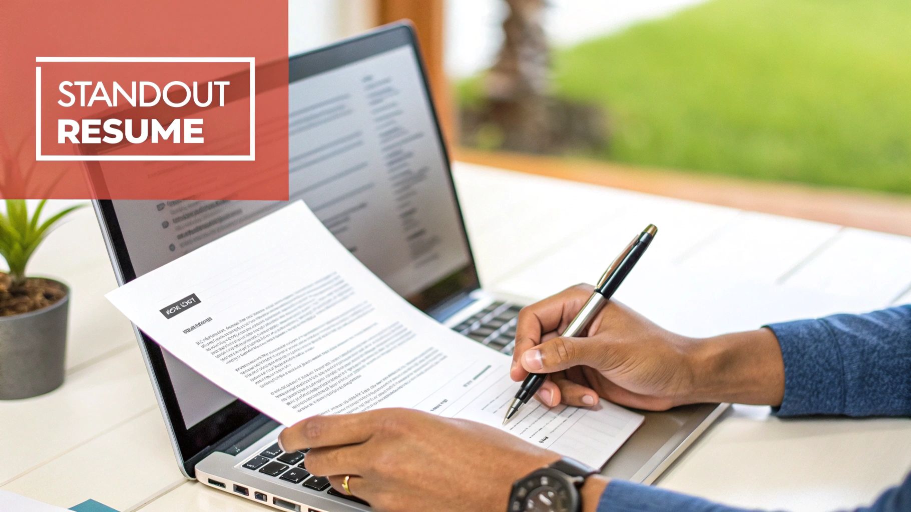 Close-up of a person's hands writing on a resume or application on a laptop, planning a standout career.