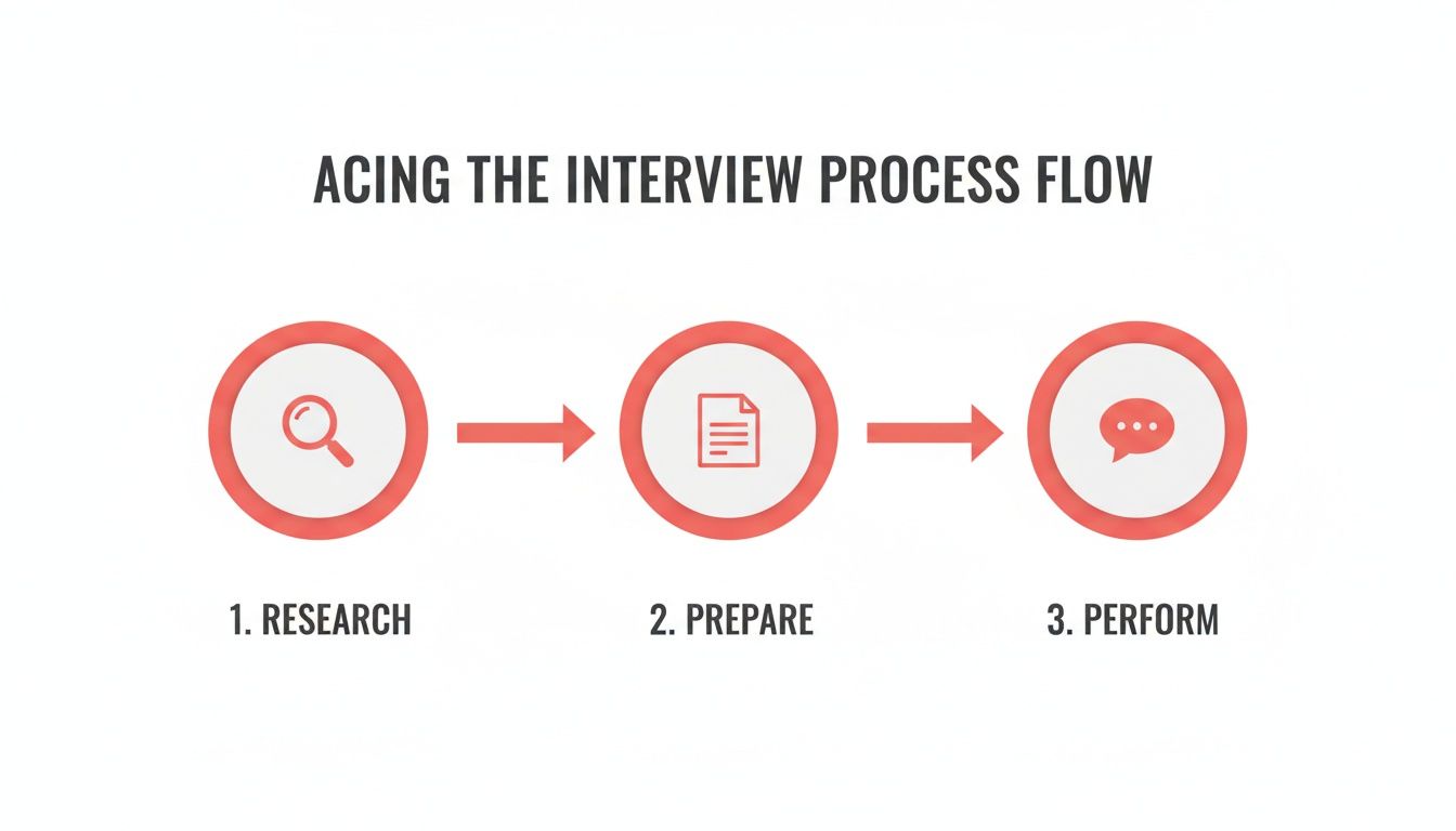 A flowchart titled 'Acing the Interview Process Flow' with steps: Research, Prepare, Perform.