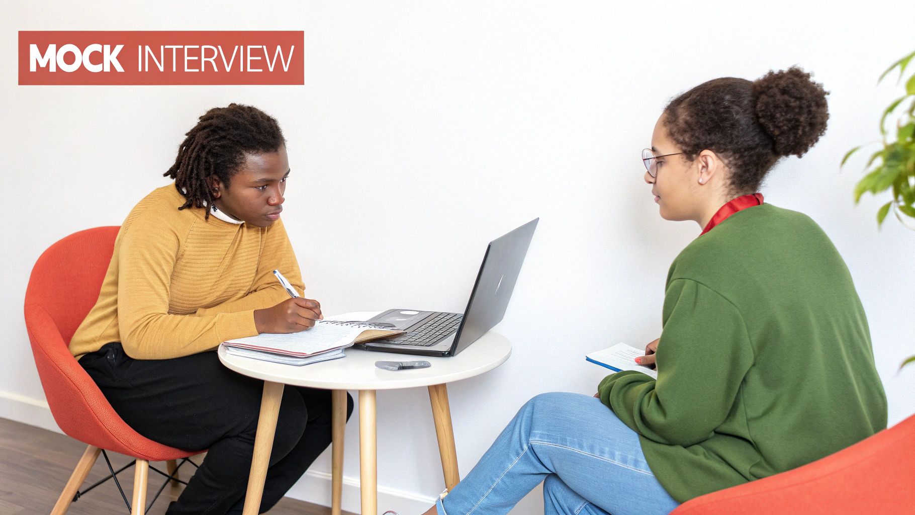 Two people engaged in a mock interview, one taking notes on a table with a laptop.