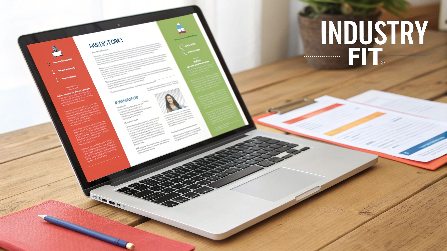 An open laptop displaying a resume document on a wooden desk with a notebook and papers.