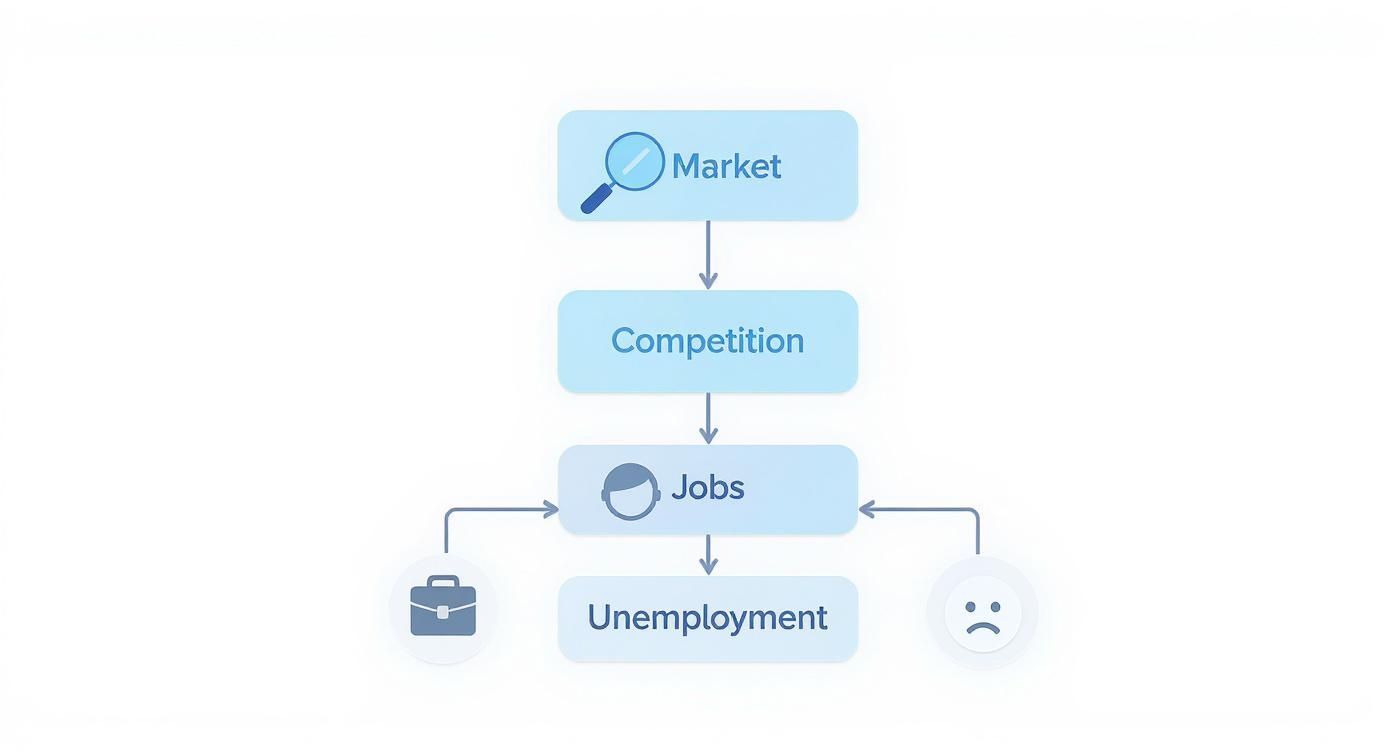 A flowchart showing the progression from market and competition analysis to jobs and unemployment.