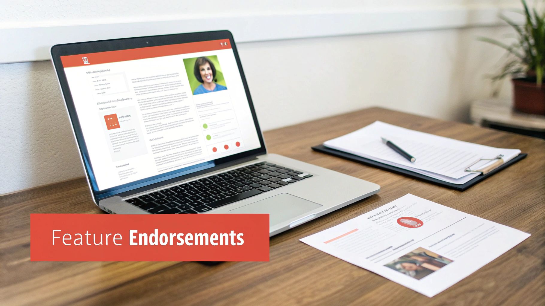 A laptop displaying a professional profile with a woman's photo, documents, and a plant on a wooden desk.