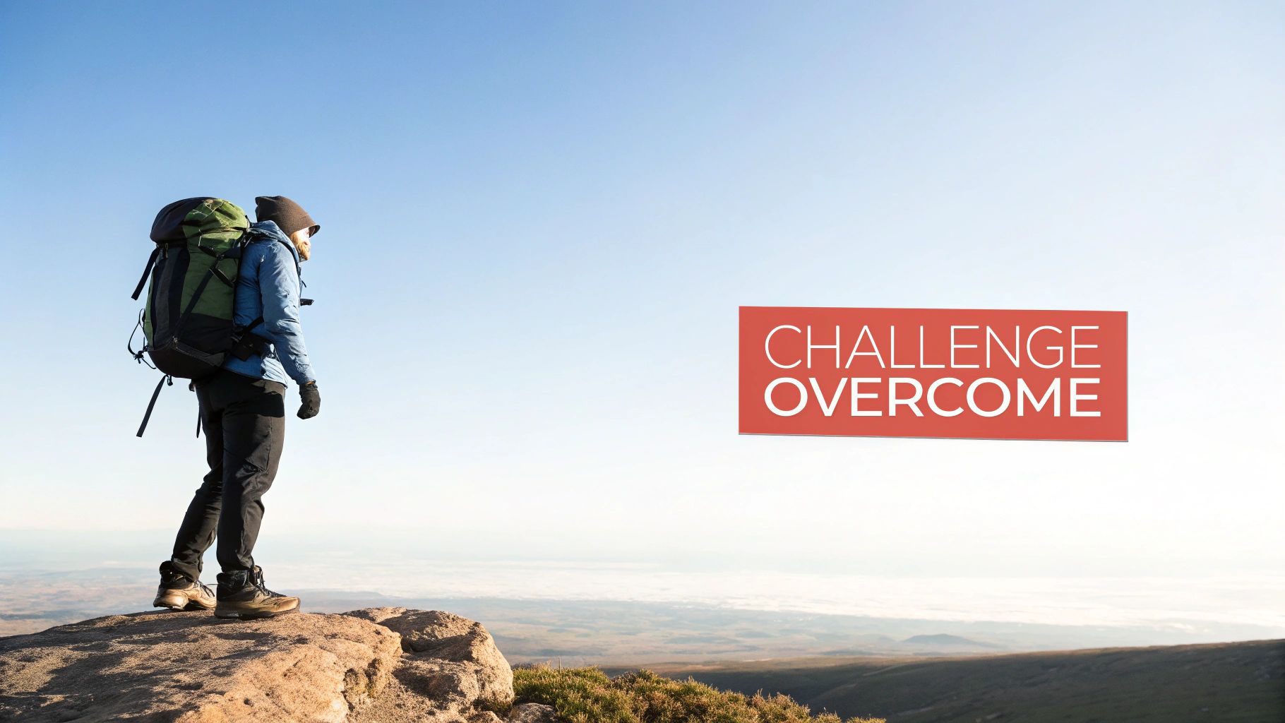 A hiker with a backpack stands on a mountain peak, looking at a vast landscape under a blue sky, with a 'CHALLENGE OVERCOME' sign.